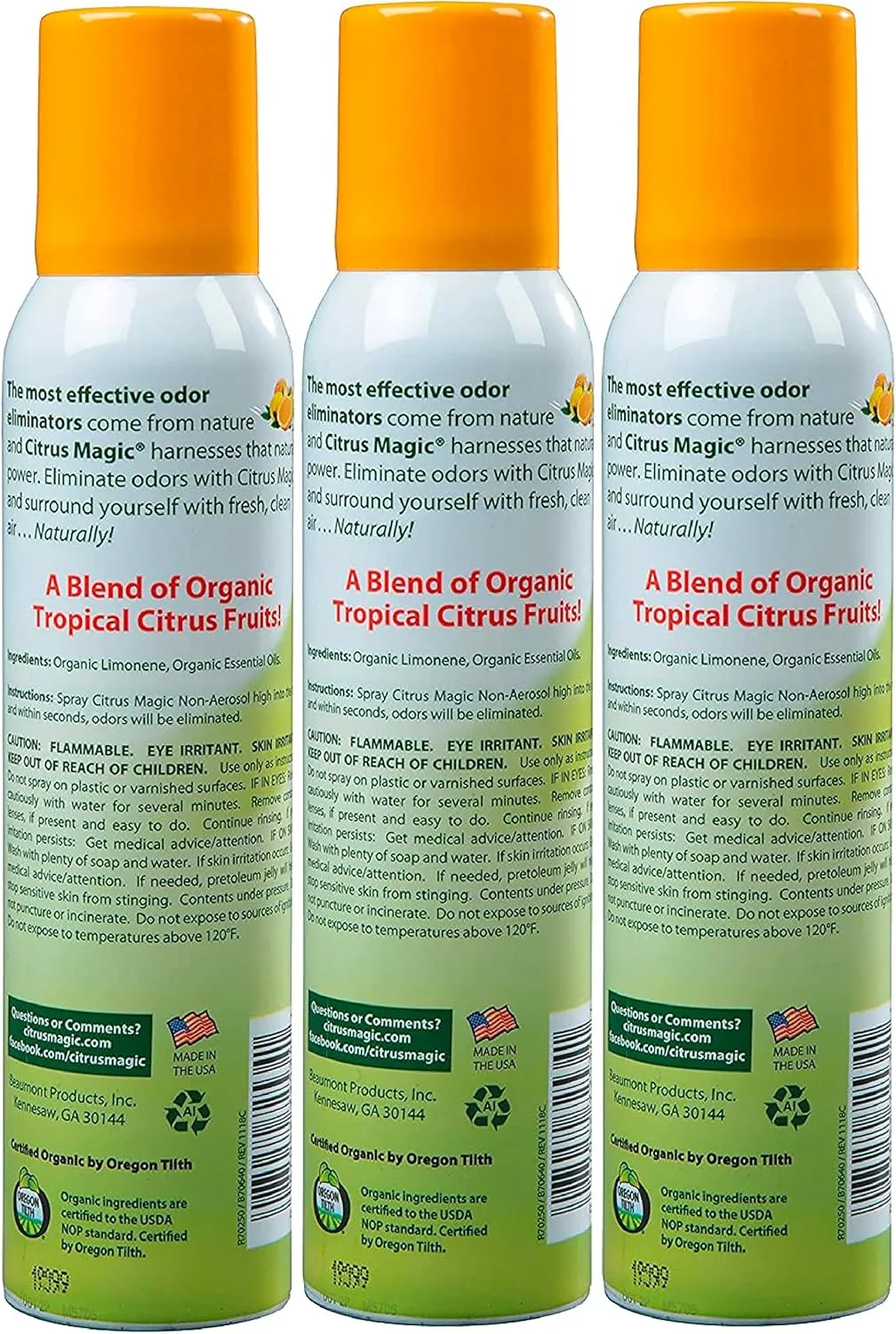 Citrus Magic Organic Natural Odor Eliminating Air Freshener Spray, Orange Zest, 3-Ounce, Pack of 3