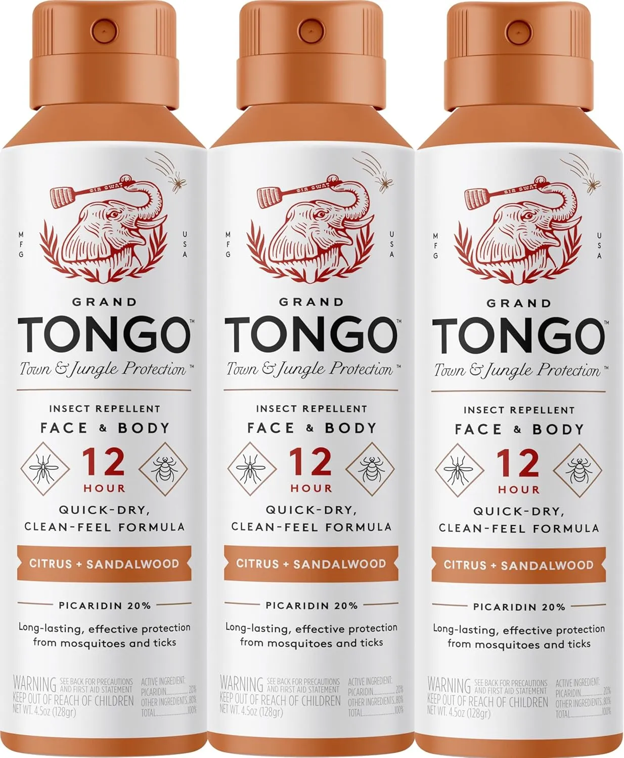 Citrus   Sandalwood Insect Repellent, 12-Hour Mosquito & Tick Protection, Picaridin-Based, Water-Based, Lightweight, Quick-Drying, Vanishing Scent, DEET Alternative, Face & Body Use,3 Pack