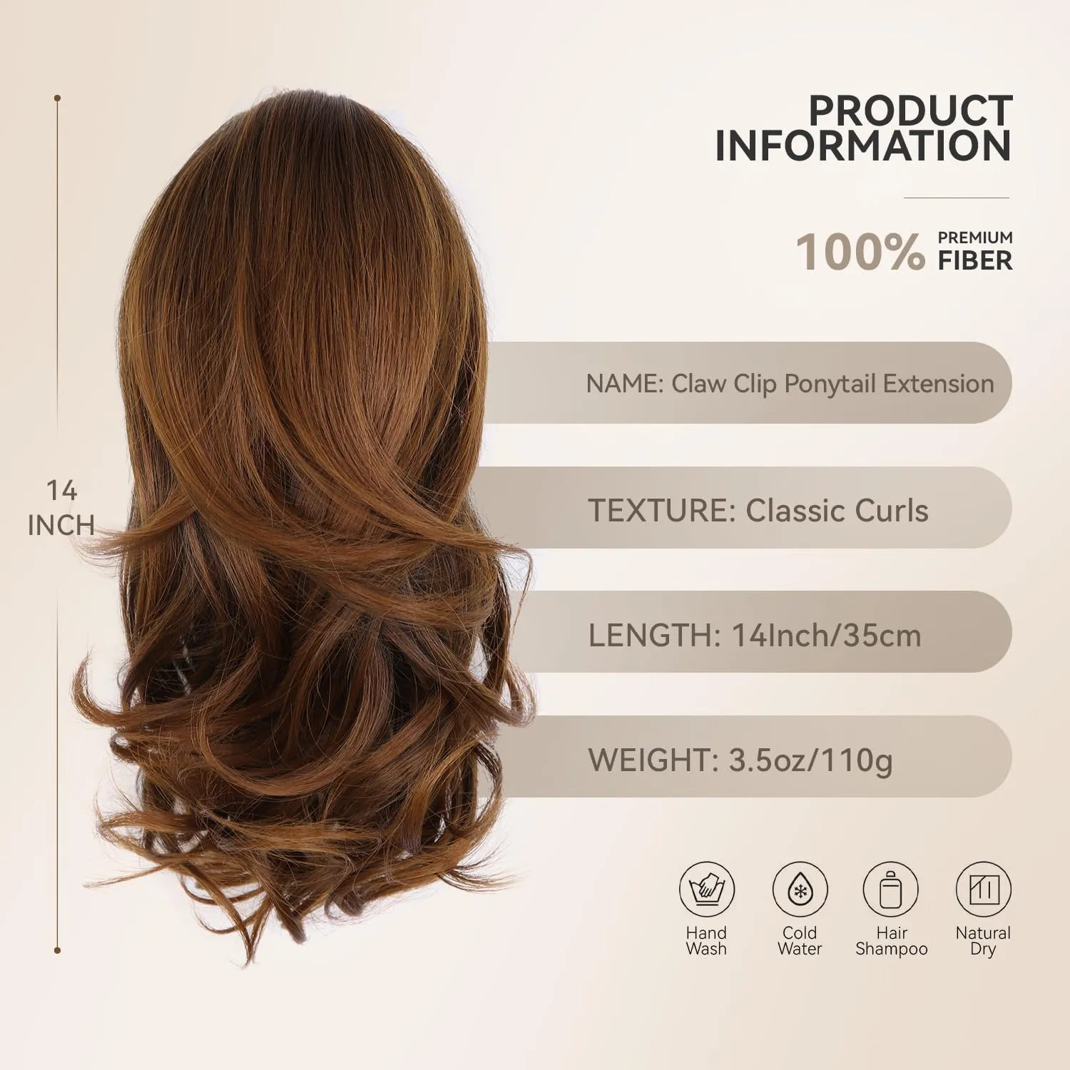Claw Clip Ponytail Extension - 14 Inch Curly Ponytail Extension, Wavy Pony Tails Hair Extensions, Synthetic Hair Extensions Ponytail, Clip On Ponytails for Women (Color: Copper Brown)