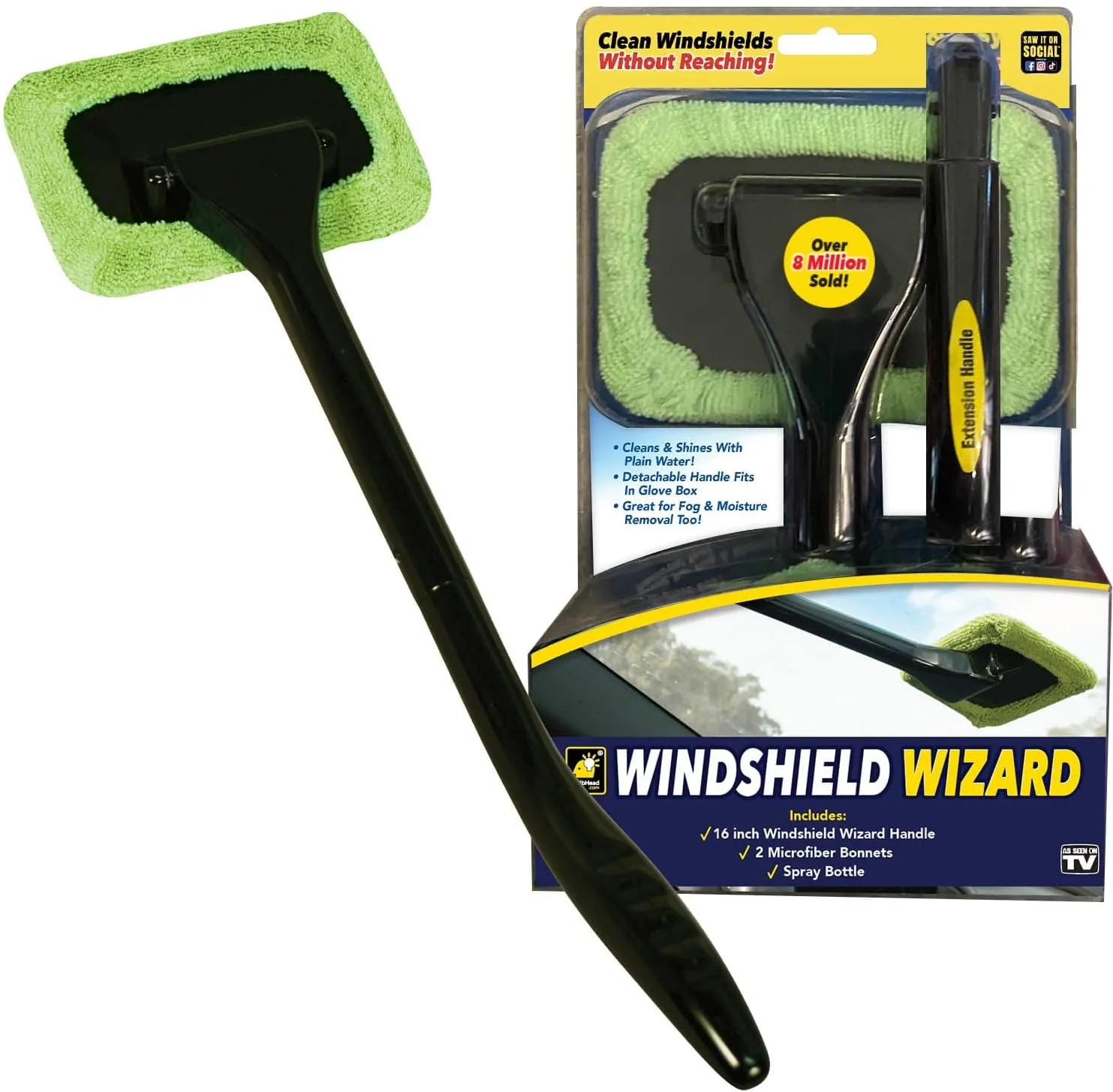 Cleaning Tool, AS-SEEN-ON-TV, Cleans Windshields Without Reaching, Microfiber Window Cleaning Device w/Extra Bonnet & Spray Bottle, Long Detachable 16” Handle, Fits in Glovebox