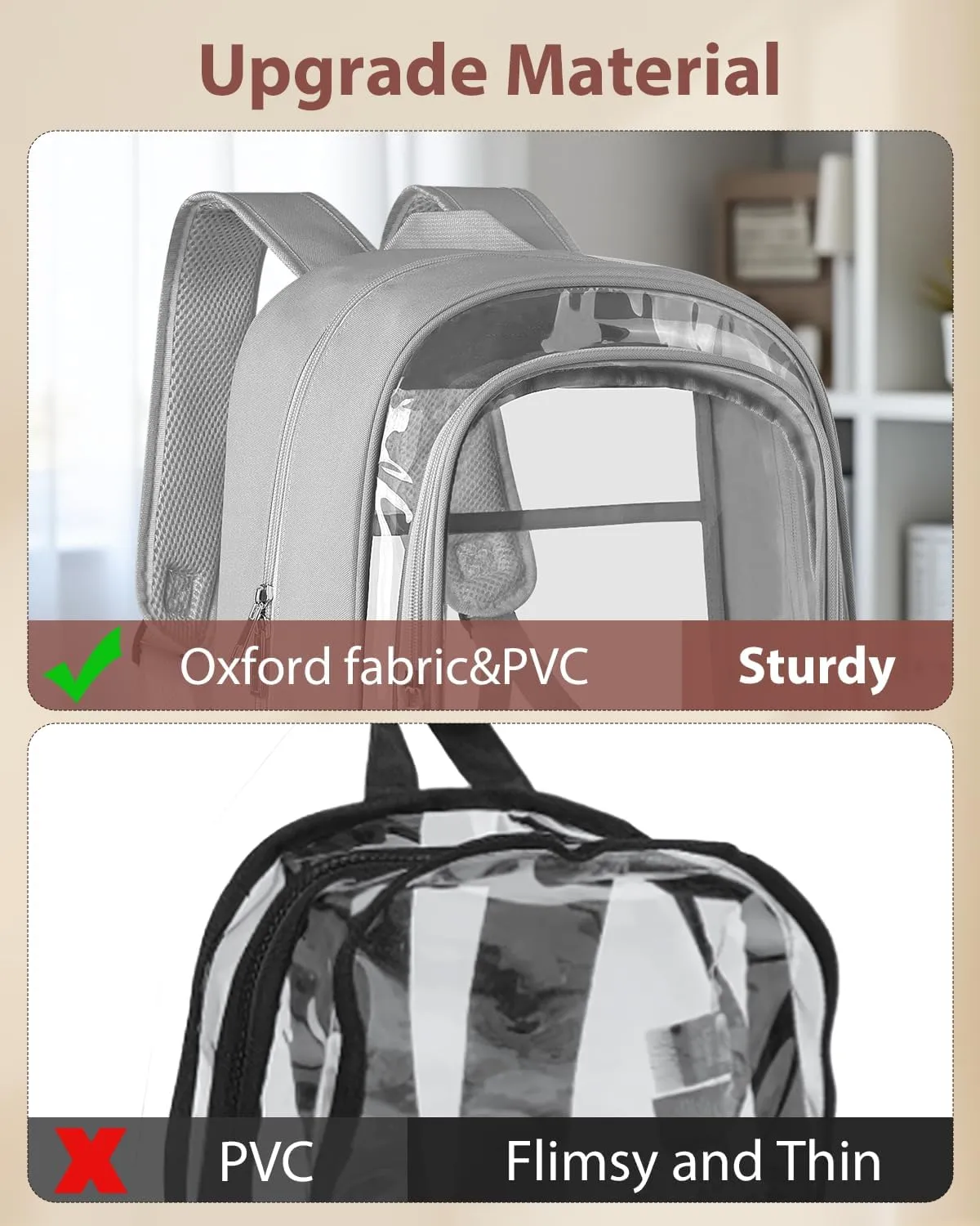 Clear Backpack, Fabric & PVC Transparent Backpack with Reinforced Strap for Women Men, Heavy Duty Transparent Bookbag, Large Capacity Clear Bag, Travel, Security, Grey