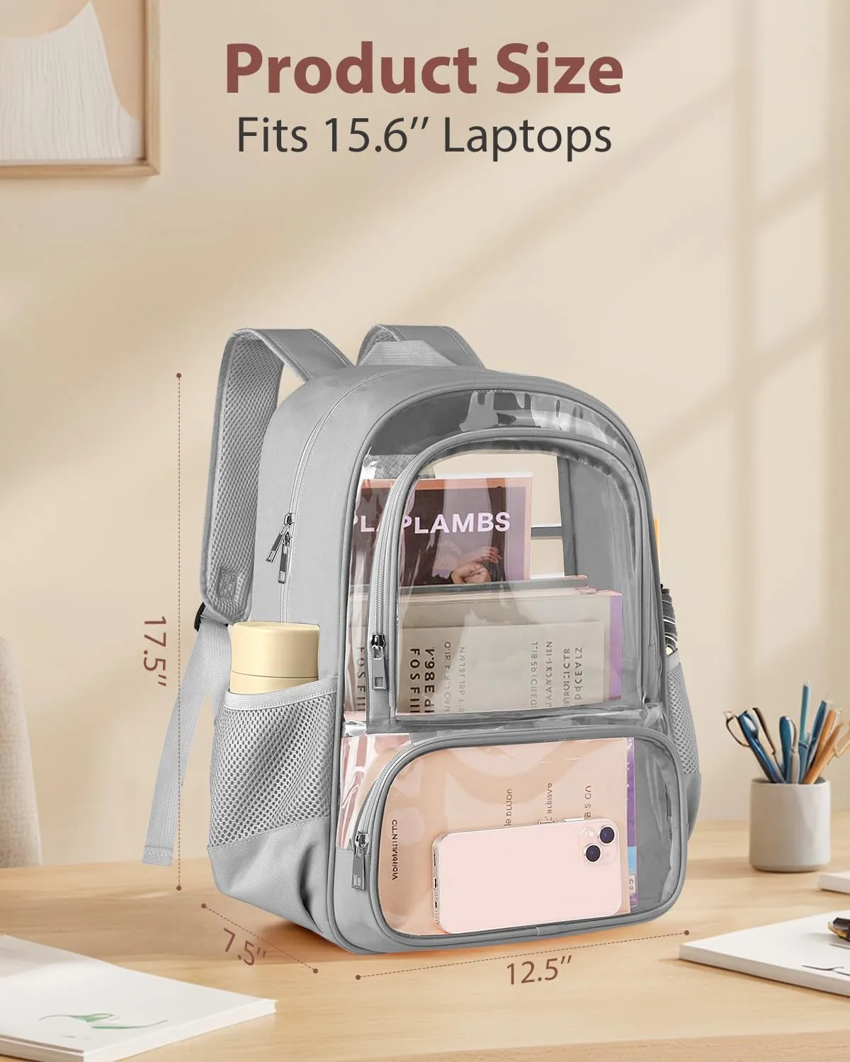 Clear Backpack, Fabric & PVC Transparent Backpack with Reinforced Strap for Women Men, Heavy Duty Transparent Bookbag, Large Capacity Clear Bag, Travel, Security, Grey
