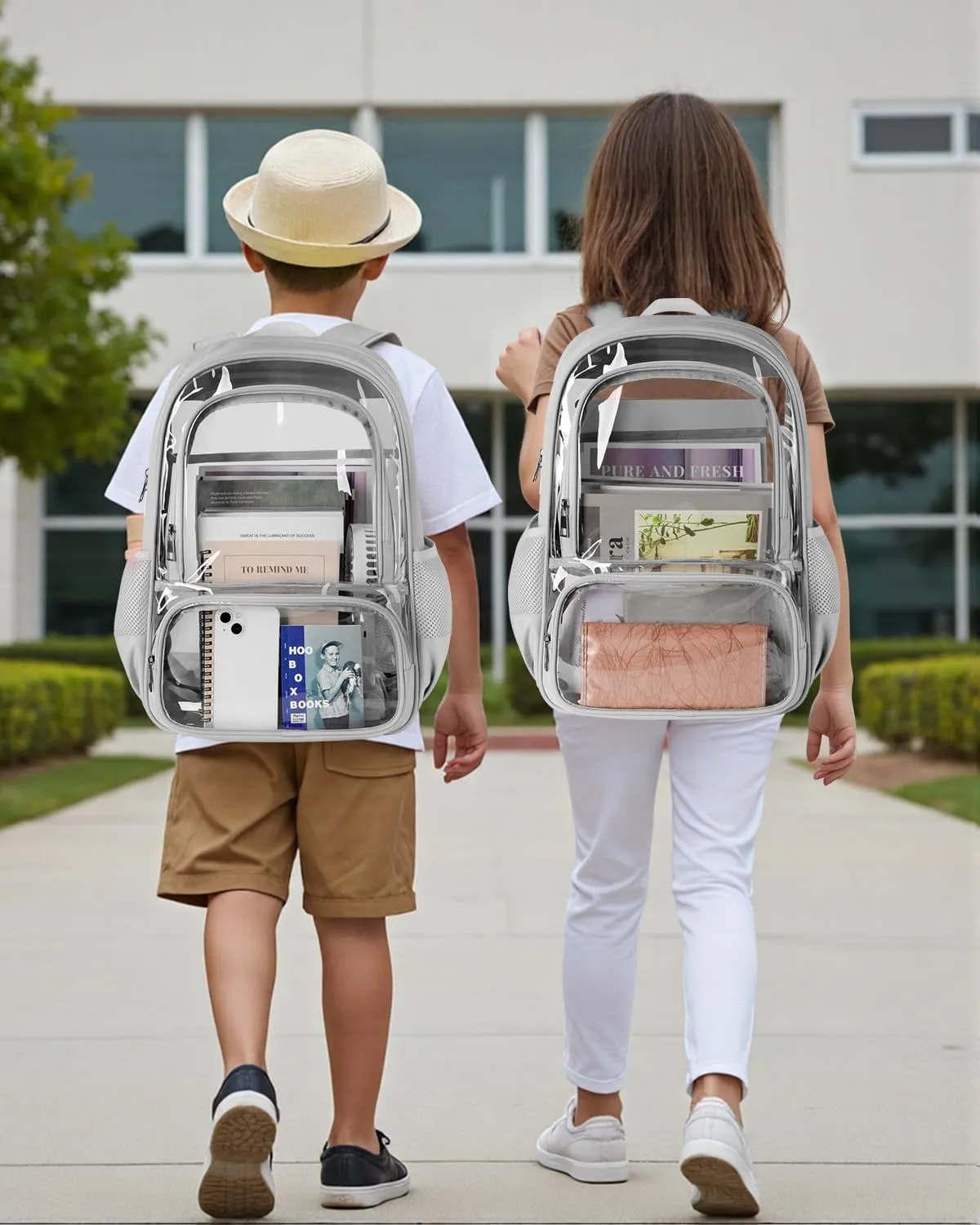 Clear Backpack, Fabric & PVC Transparent Backpack with Reinforced Strap for Women Men, Heavy Duty Transparent Bookbag, Large Capacity Clear Bag, Travel, Security, Grey