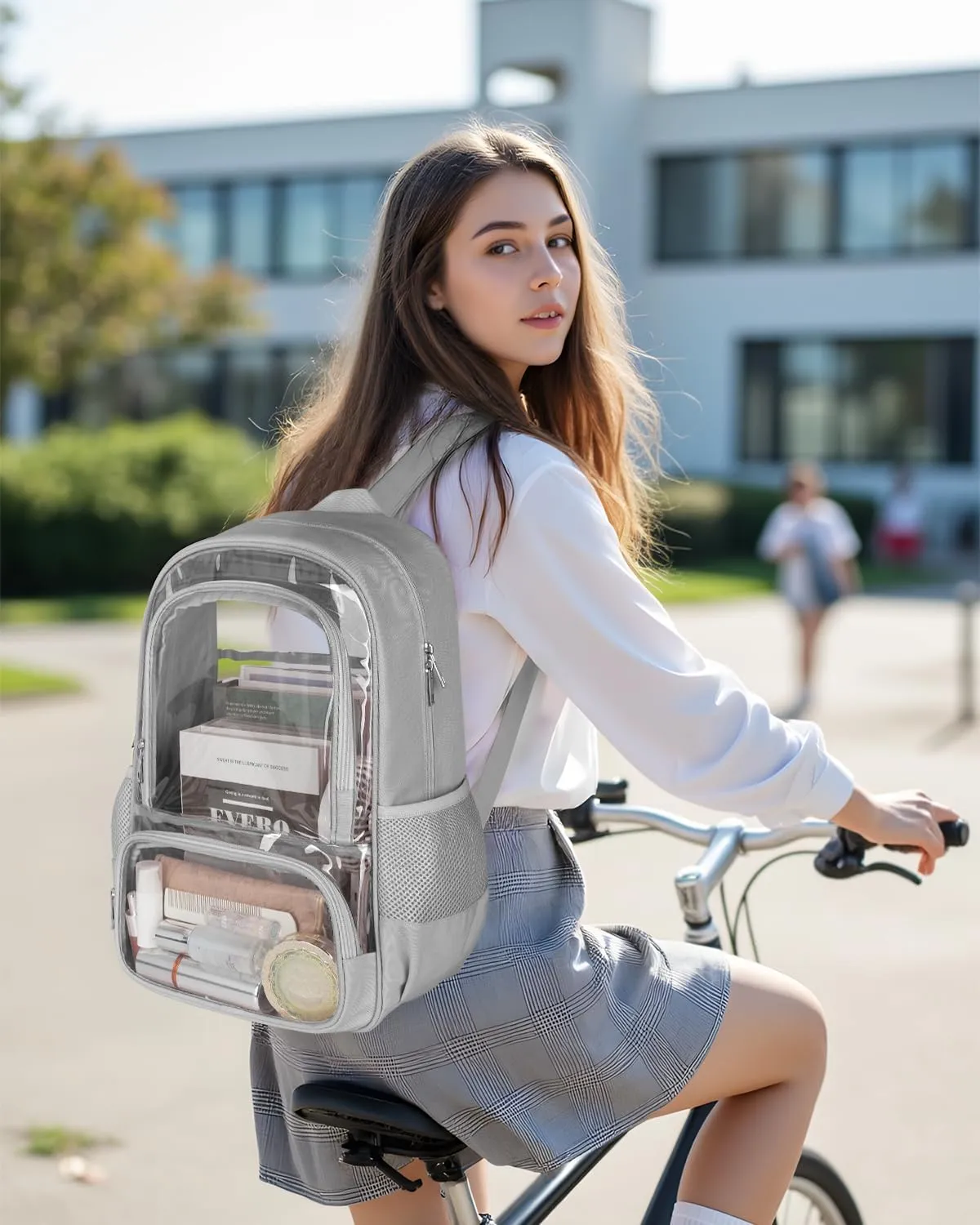 Clear Backpack, Fabric & PVC Transparent Backpack with Reinforced Strap for Women Men, Heavy Duty Transparent Bookbag, Large Capacity Clear Bag, Travel, Security, Grey