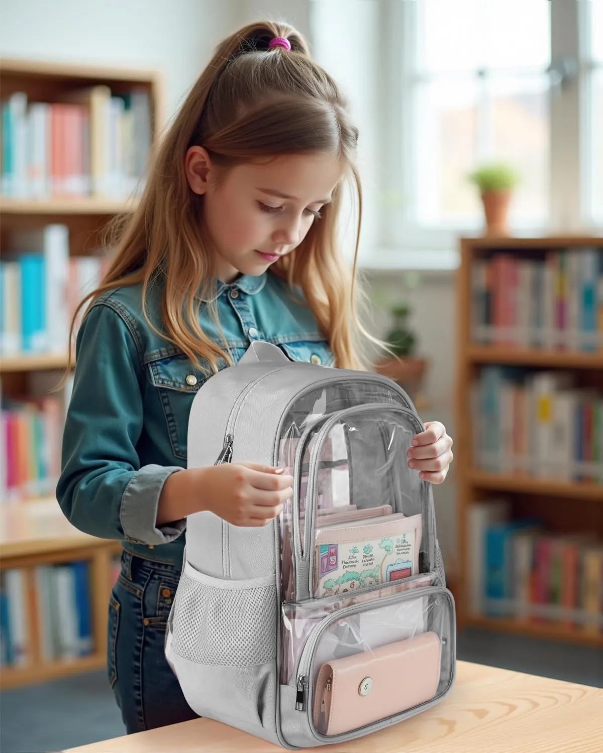 Clear Backpack, Fabric & PVC Transparent Backpack with Reinforced Strap for Women Men, Heavy Duty Transparent Bookbag, Large Capacity Clear Bag, Travel, Security, Grey