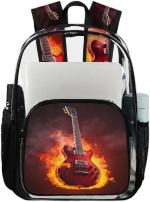 Clear Backpack Flame Guitar Clear Bag Heavy Duty PVC Backpack Transparent Backpack for Travel, Work, Security, Music Clear Bags for Women Men,17.7inch