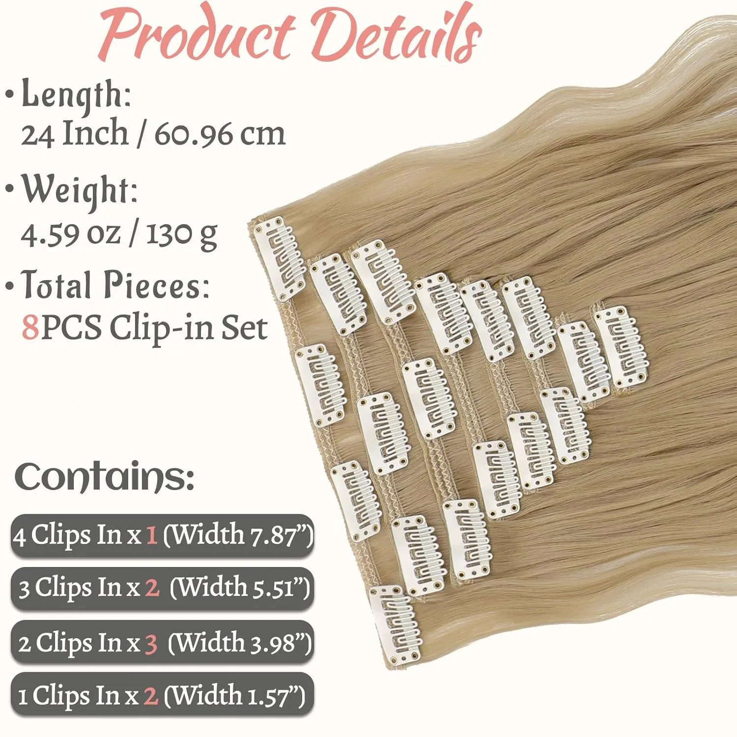Clip in Hair Extensions 24 Inch 8PCS Ash Blonde Long Wavy Synthetic Hair Extensions Clip ins Thick Double Weft Hair Clip Extensions for Women
