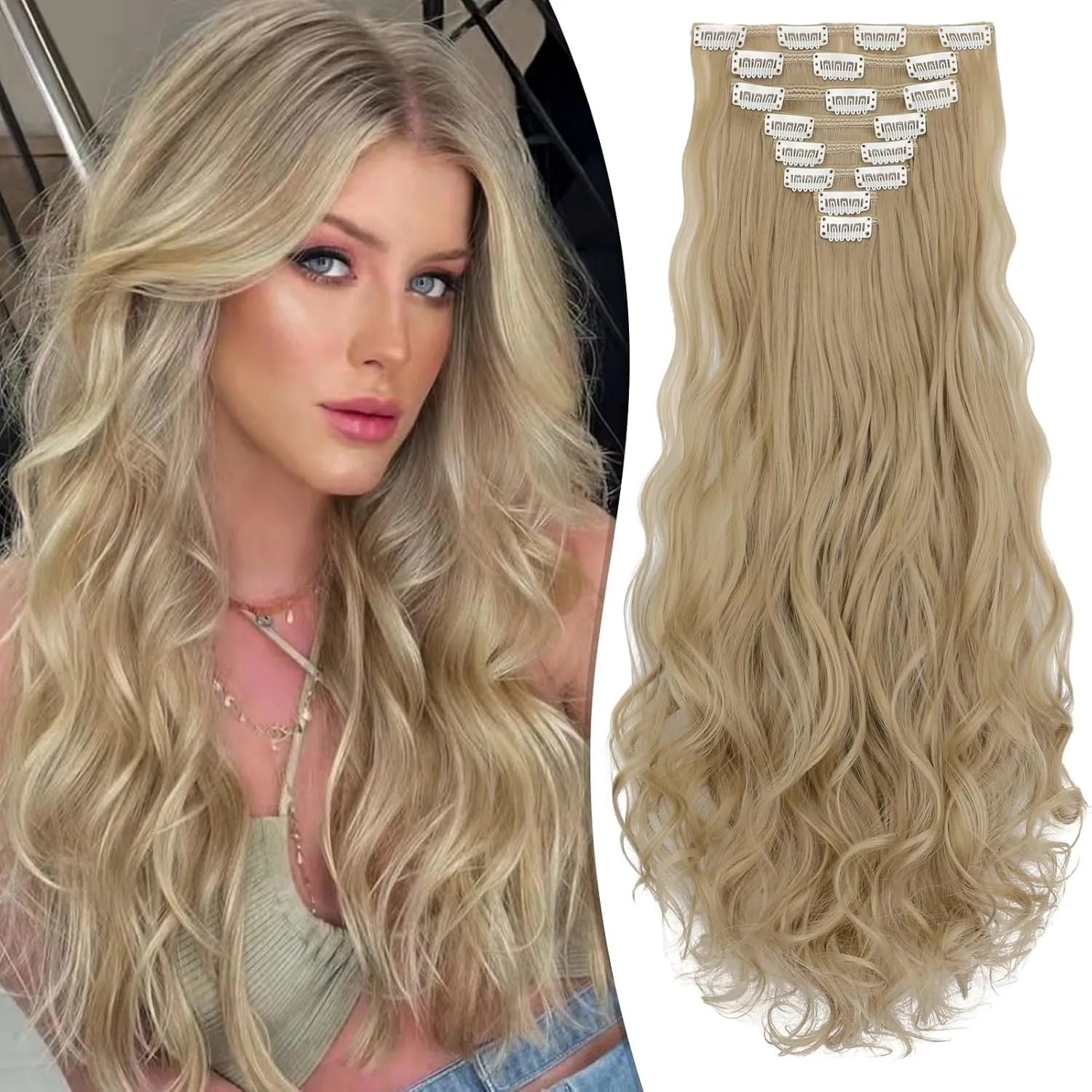 Clip in Hair Extensions 24 Inch 8PCS Ash Blonde Long Wavy Synthetic Hair Extensions Clip ins Thick Double Weft Hair Clip Extensions for Women