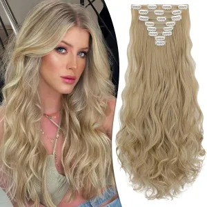 Clip in Hair Extensions 24 Inch 8PCS Ash Blonde Long Wavy Synthetic Hair Extensions Clip ins Thick Double Weft Hair Clip Extensions for Women