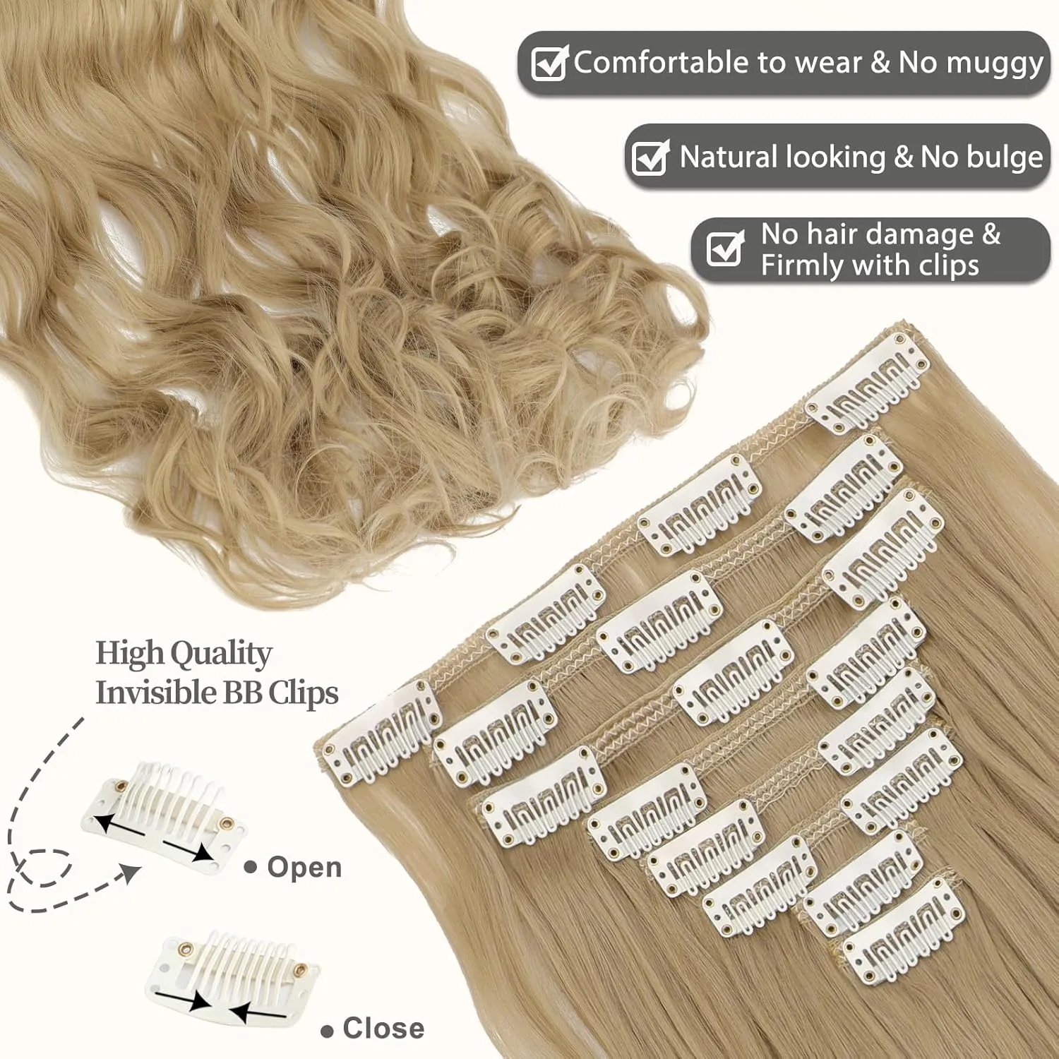 Clip in Hair Extensions 24 Inch 8PCS Ash Blonde Long Wavy Synthetic Hair Extensions Clip ins Thick Double Weft Hair Clip Extensions for Women