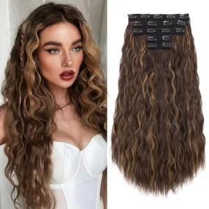 Clip in Hair Extensions,5PCS 24" Thick Long Loose Waves Curly Hair Extensions Invisible Lace Weft Natural Synthetic Hairpieces for Women 6P27