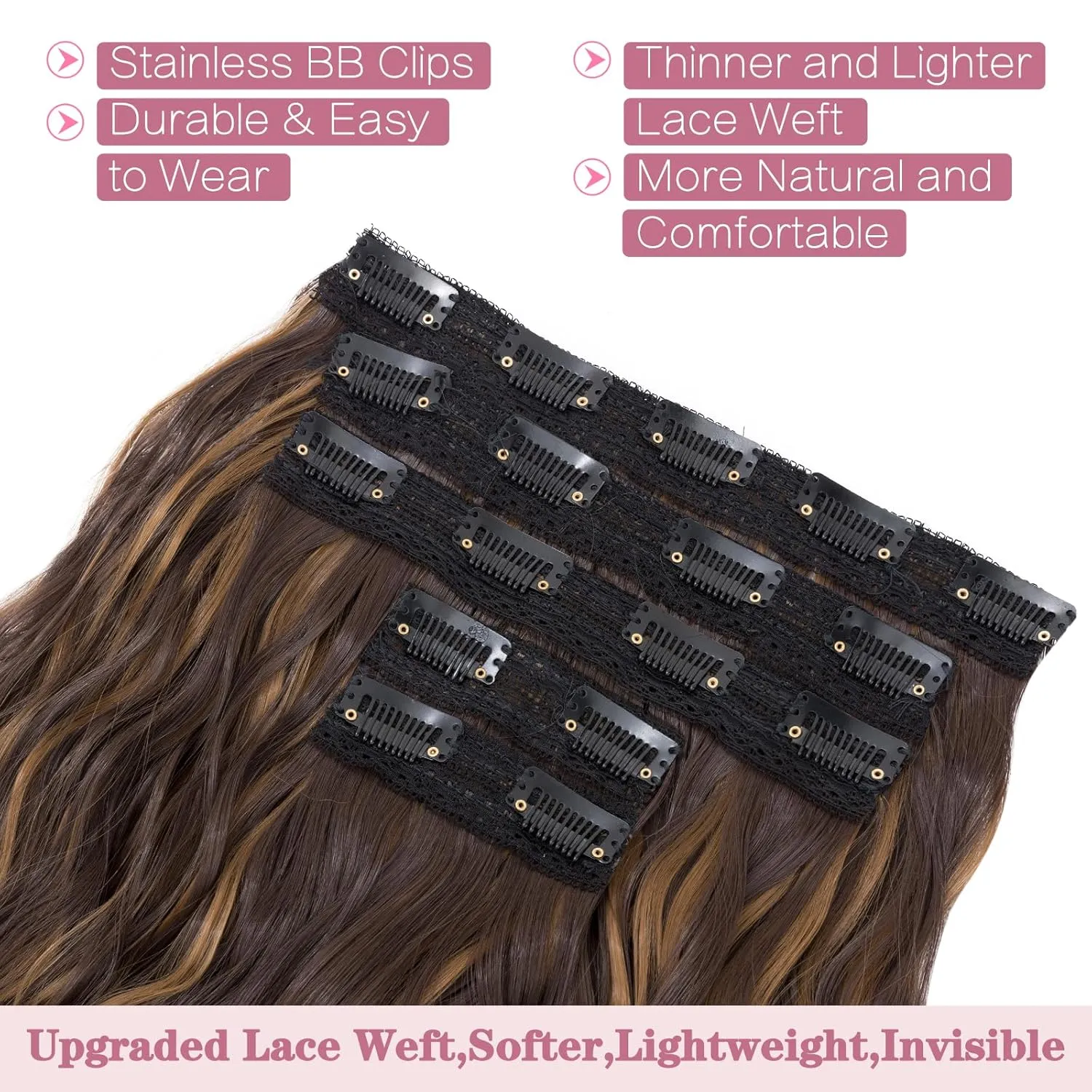 Clip in Hair Extensions,5PCS 24" Thick Long Loose Waves Curly Hair Extensions Invisible Lace Weft Natural Synthetic Hairpieces for Women 6P27