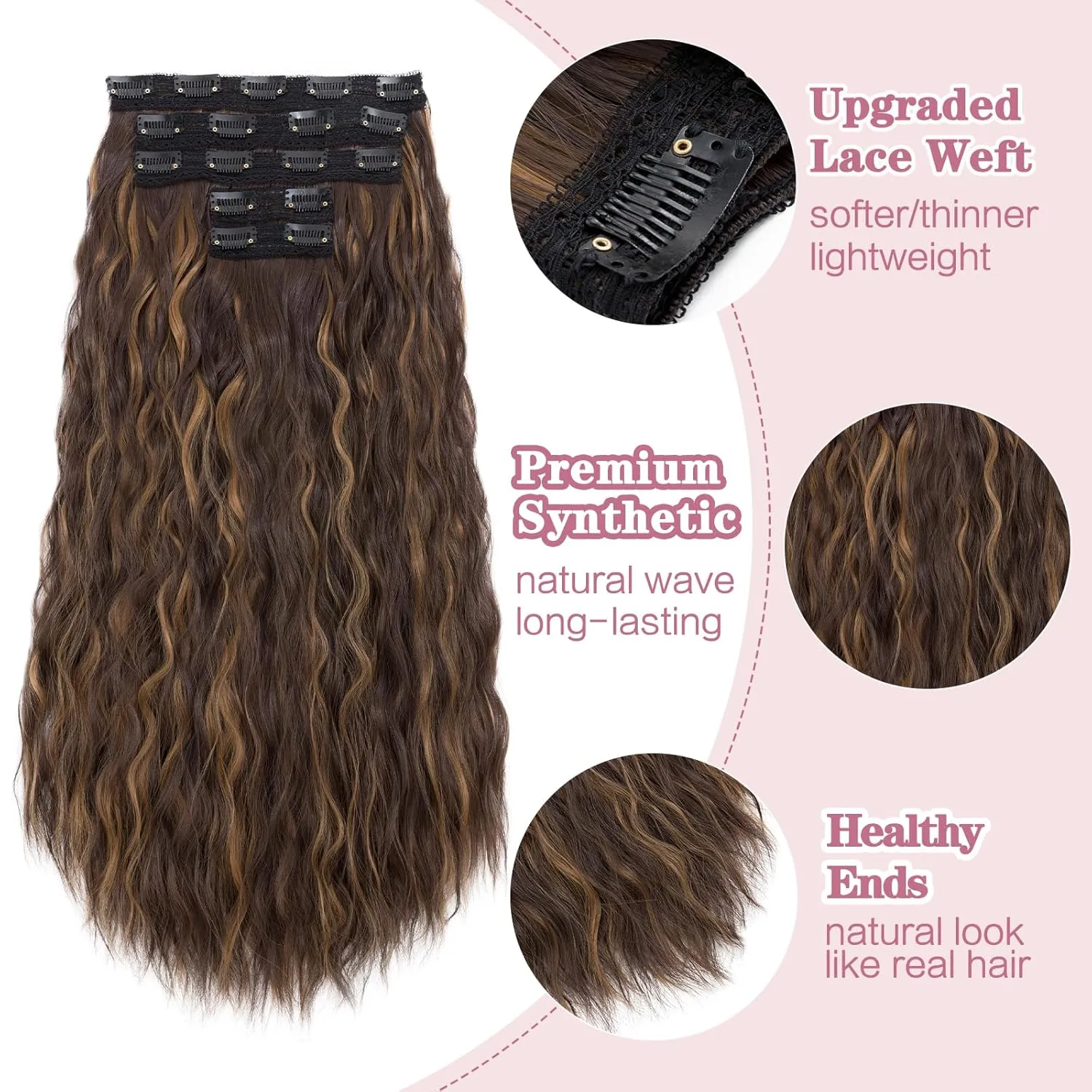 Clip in Hair Extensions,5PCS 24" Thick Long Loose Waves Curly Hair Extensions Invisible Lace Weft Natural Synthetic Hairpieces for Women 6P27