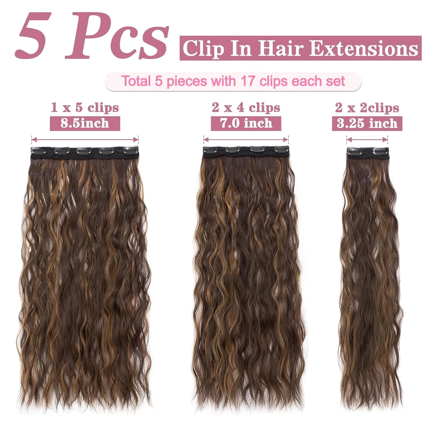 Clip in Hair Extensions,5PCS 24" Thick Long Loose Waves Curly Hair Extensions Invisible Lace Weft Natural Synthetic Hairpieces for Women 6P27
