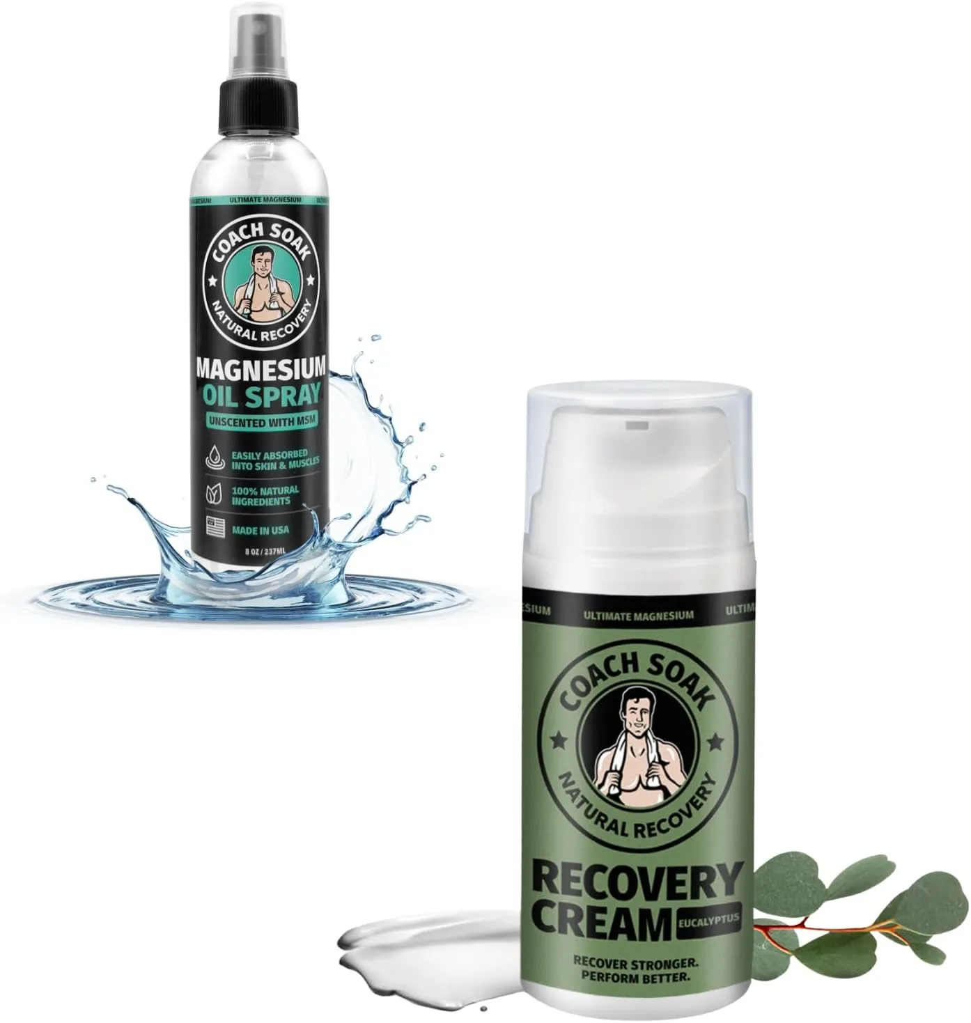 Coach Soak Eucalyptus Magnesium Lotion & Magnesium Oil Spray with MSM - 8oz Topical Spray for Feet & Body and 3.4oz Natural Cream for Muscle & Joint Relaxation