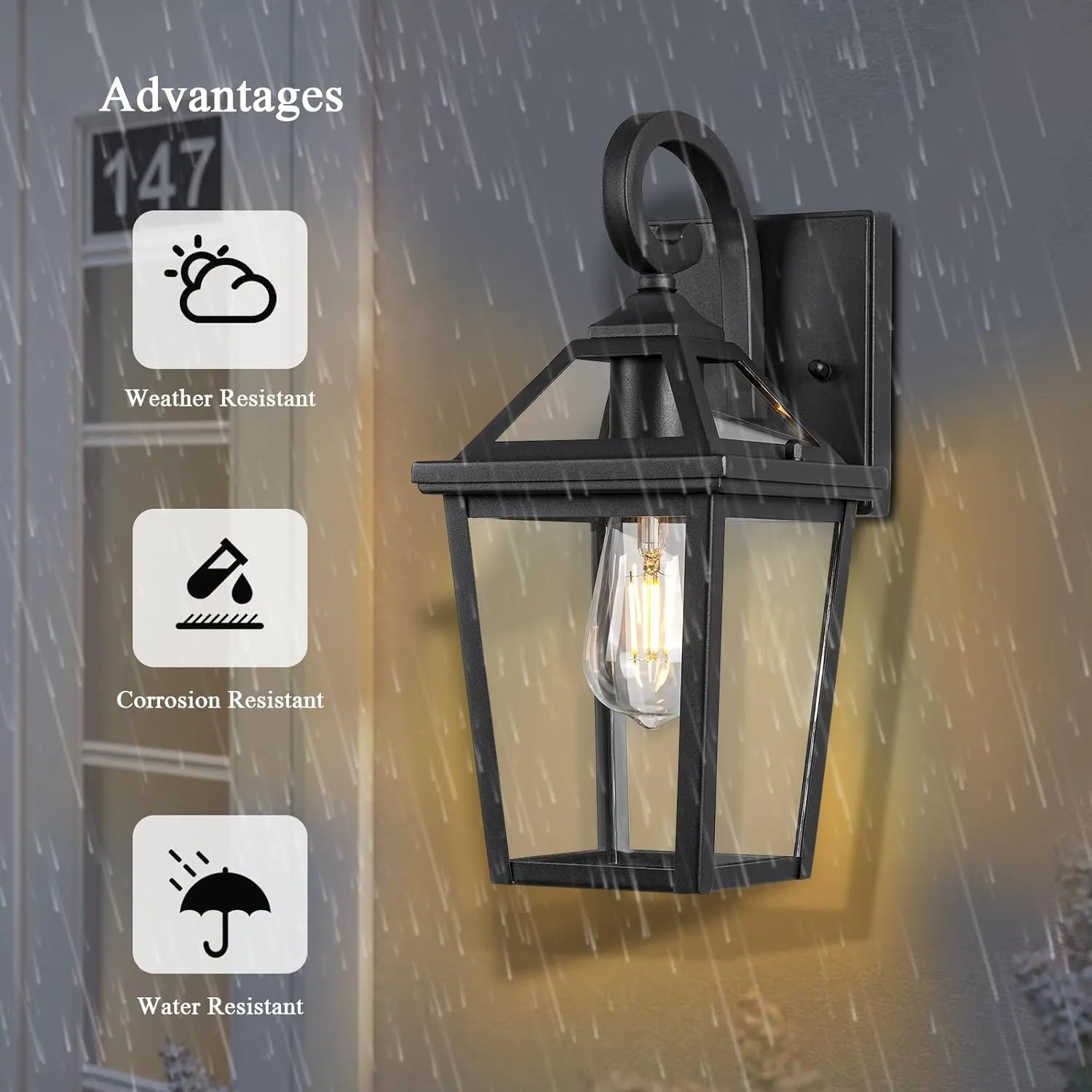 Colonial Outdoor Light Fixture, Exterior Light Sconces with Clear Glass for Front Porch, Waterproof Outdoor Wall Lantern in Black Finish for Home, 2PACK