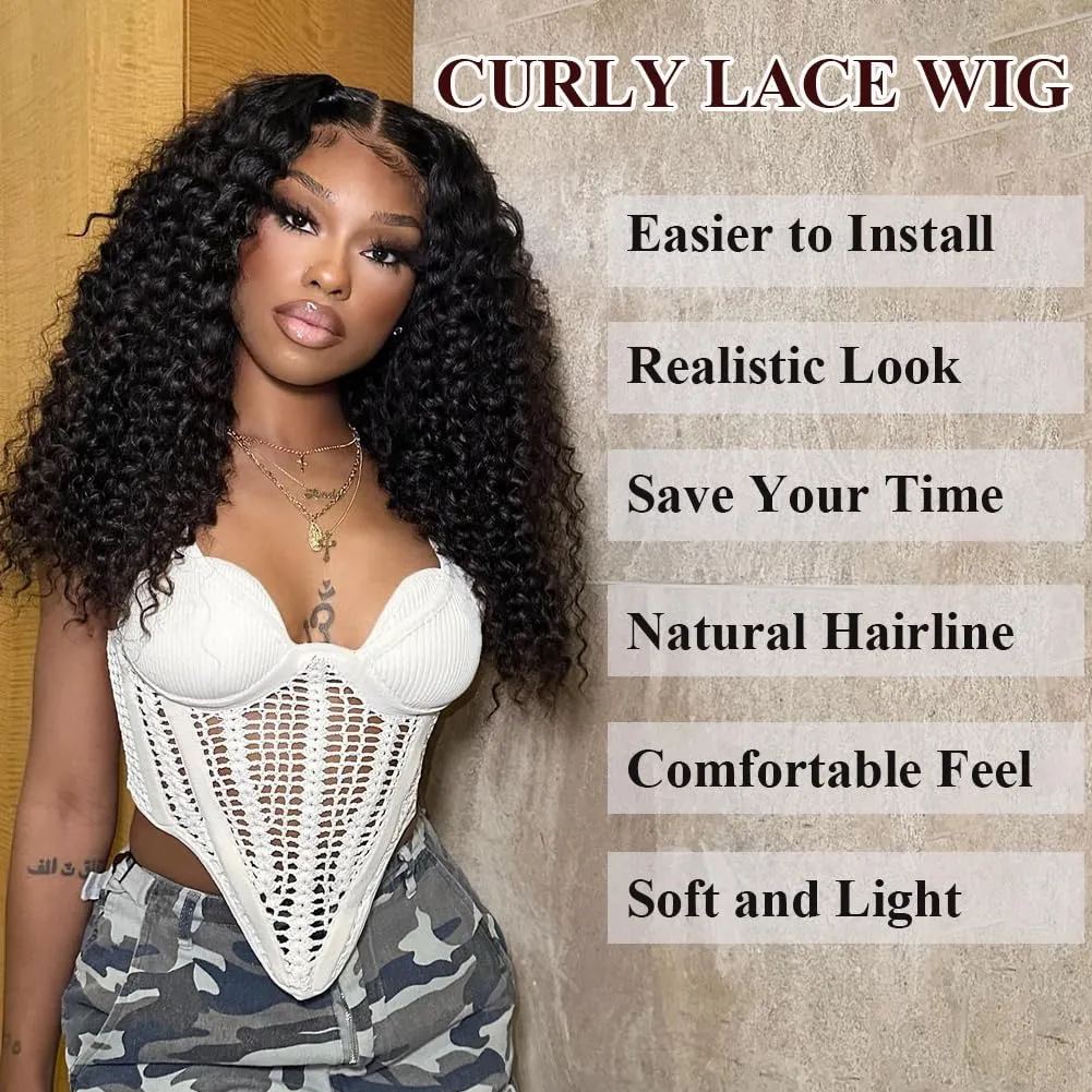 Colorful Queen Curly Lace Front Wig 18 Inch Curly Wigs for Black Women Water Wave Synthetic Lace Front Wig Pre Plucked with Baby Hair Kinky Curly Glueless Wig Black 1B