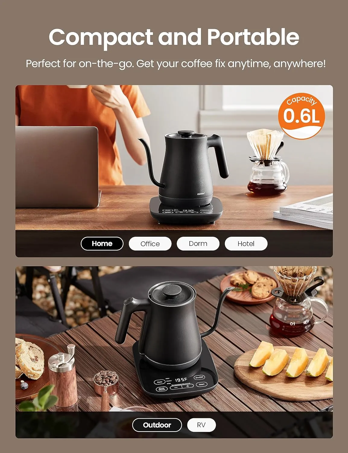 COMFEE' Gooseneck Electric Kettle with Temperature Control, 3 Variable Presets, 100% Stainless Steel, 1500 Watt Powerful Quick Heating Portable Hot Water Kettle for Pour Over Coffee and Tea, 0.6L