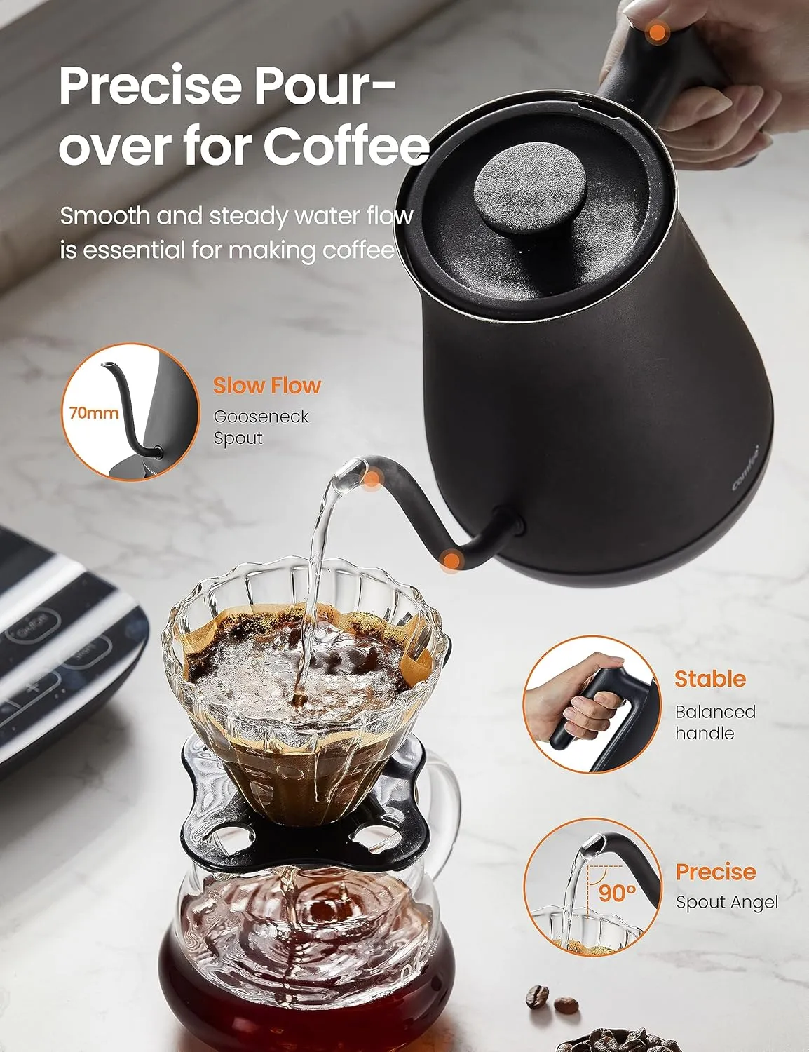 COMFEE' Gooseneck Electric Kettle with Temperature Control, 3 Variable Presets, 100% Stainless Steel, 1500 Watt Powerful Quick Heating Portable Hot Water Kettle for Pour Over Coffee and Tea, 0.6L