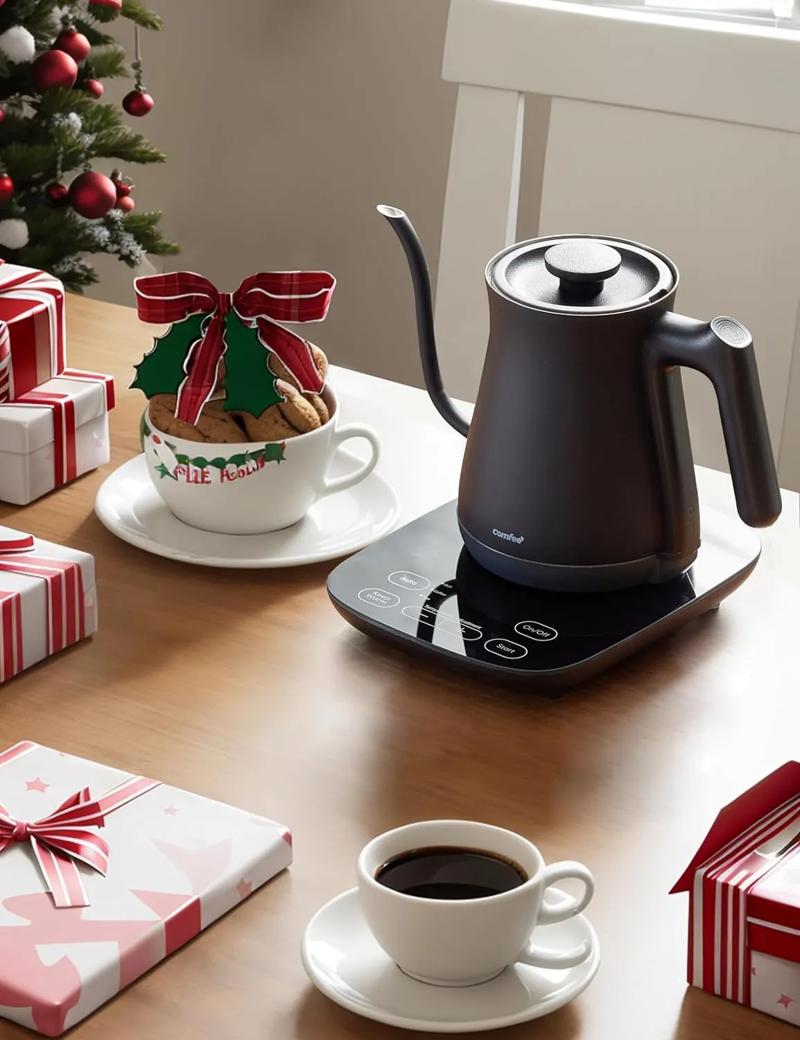 COMFEE' Gooseneck Electric Kettle with Temperature Control, 3 Variable Presets, 100% Stainless Steel, 1500 Watt Powerful Quick Heating Portable Hot Water Kettle for Pour Over Coffee and Tea, 0.6L
