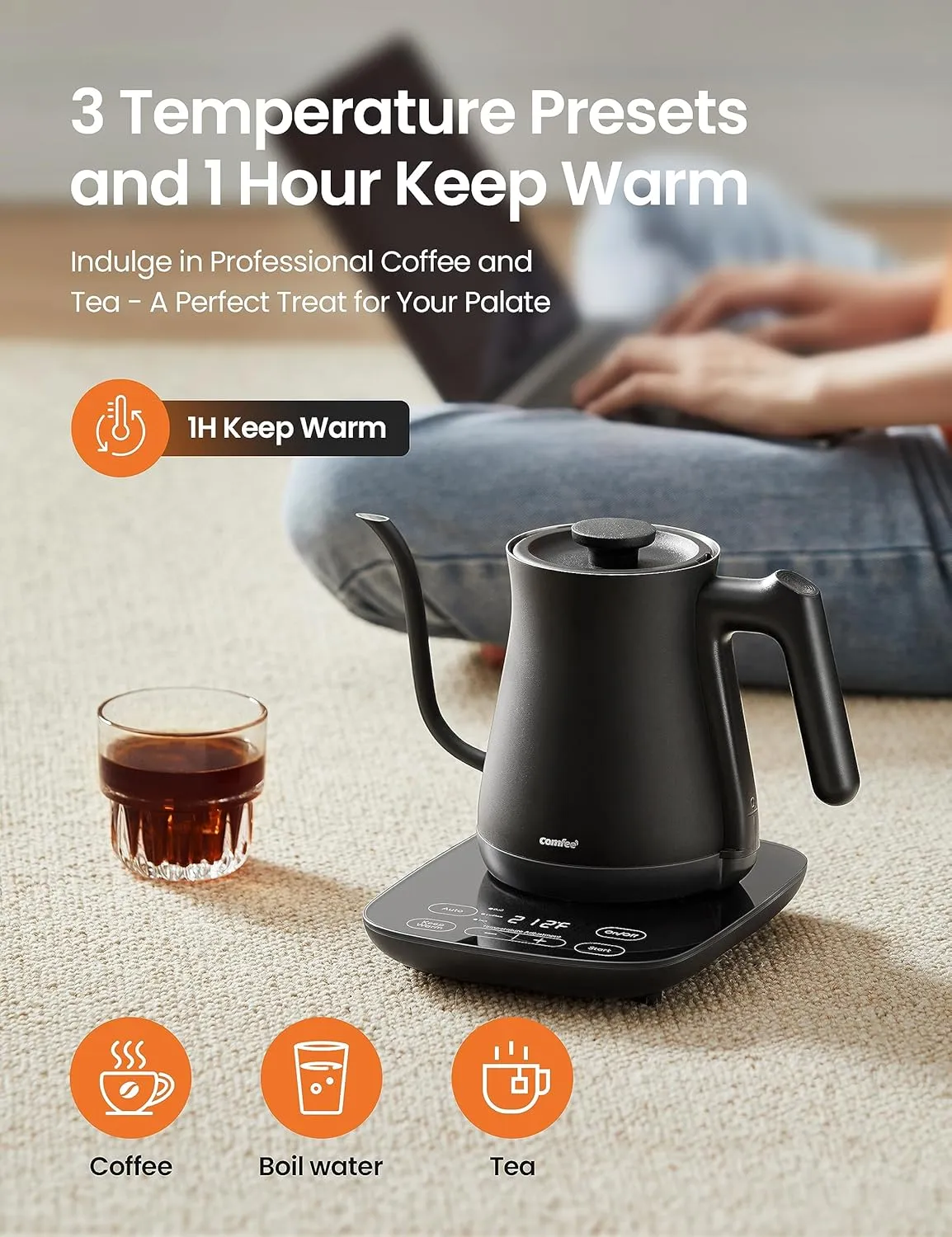 COMFEE' Gooseneck Electric Kettle with Temperature Control, 3 Variable Presets, 100% Stainless Steel, 1500 Watt Powerful Quick Heating Portable Hot Water Kettle for Pour Over Coffee and Tea, 0.6L