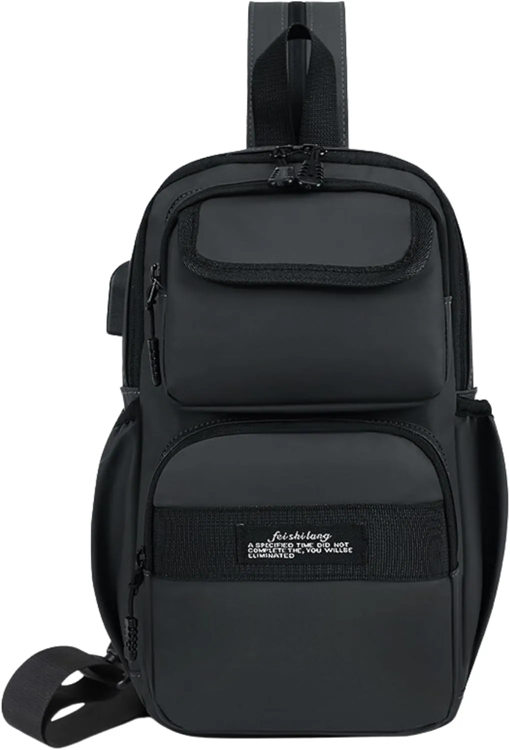 Convertible Anti-Theft USB Charging Port Travel Sling Backpack with Bottle Holder Key Ring Strap, Water Repellent Travel Hidden Zipper Crossbody Chest Bags, Hiking Daypack Shoulder Bags (Black)