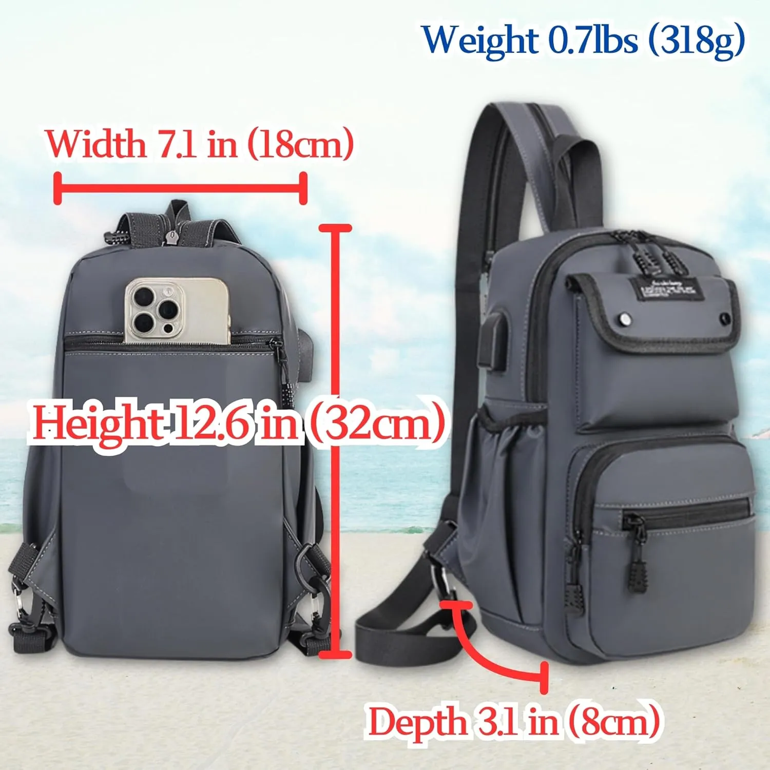 Convertible Anti-Theft USB Charging Port Travel Sling Backpack with Bottle Holder Key Ring Strap, Water Repellent Travel Hidden Zipper Crossbody Chest Bags, Hiking Daypack Shoulder Bags (Black)
