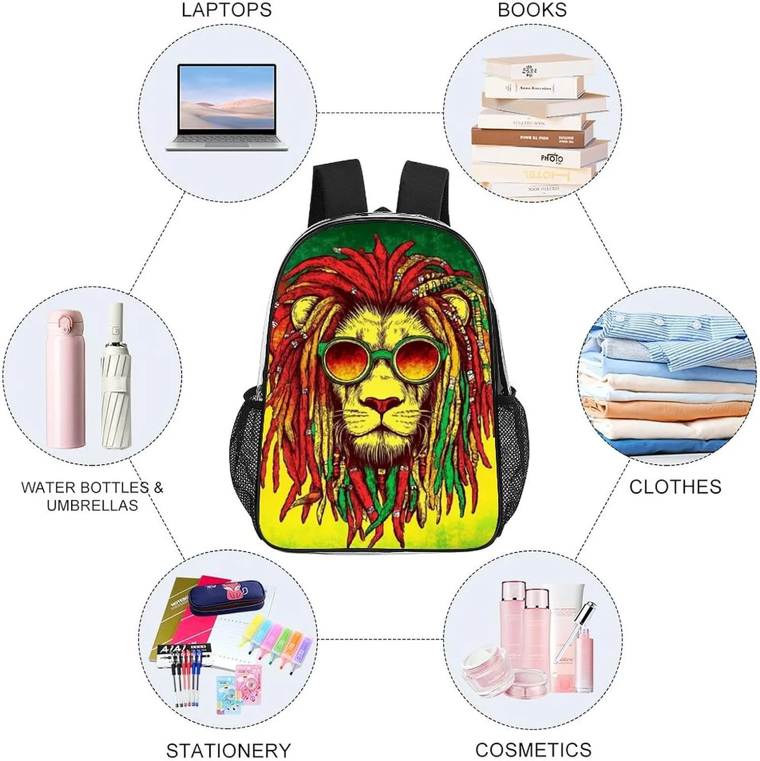 Cool Reggae Rasta Flag Lion Daypack Backpack Transparent Anti-Theft Multipurpose Bookbag Big Capacity Travel Hiking & Camping Rucksack With Smooth Zippers