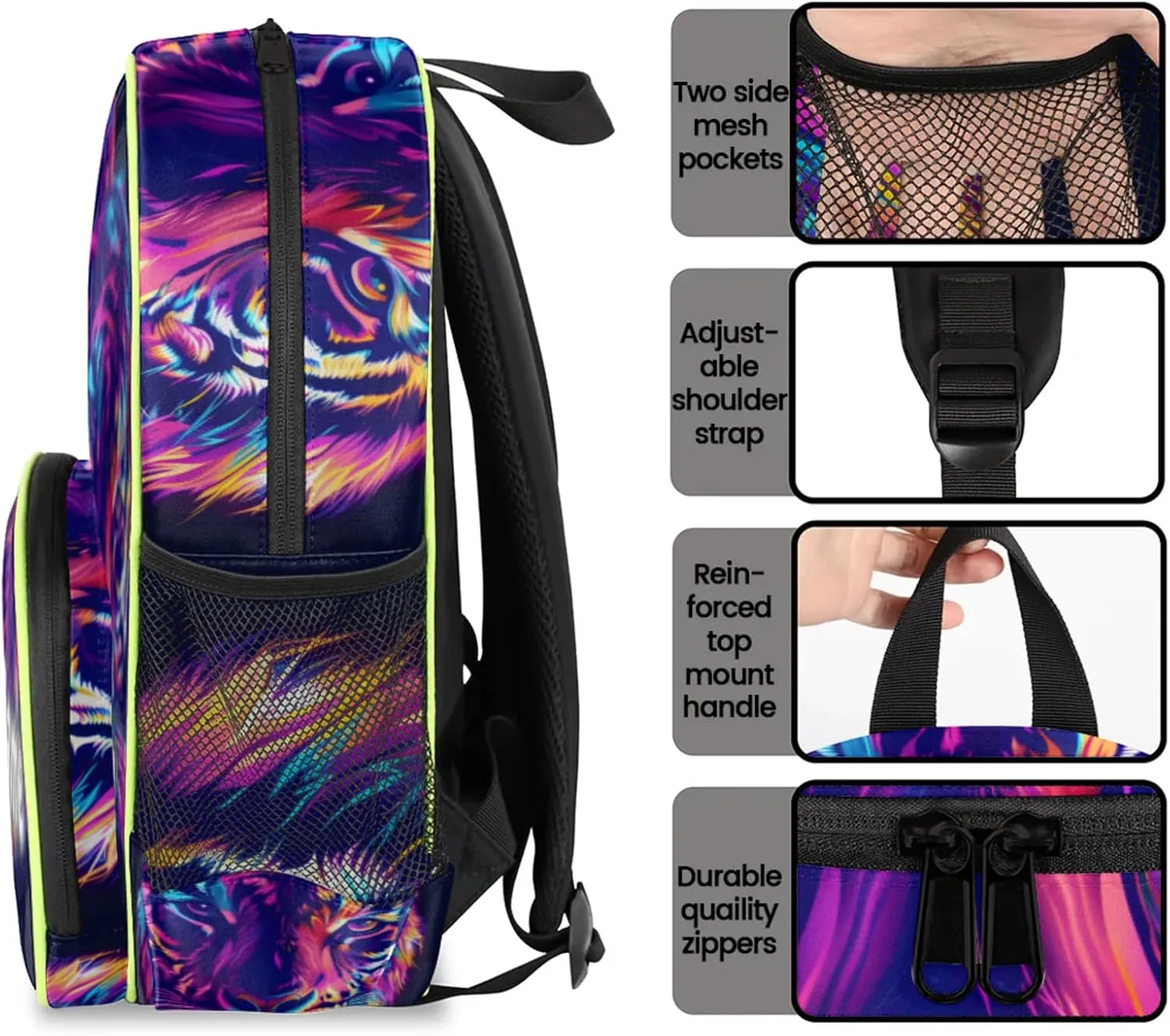Cool Tiger Custom Backpack with Name Cute Personalized Small Shoulder Bag Waterproof Travel Casual Backpack with Chest Strap 14.2in