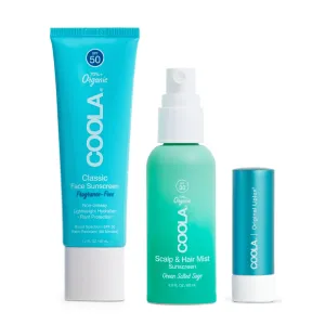 COOLA Organic Face Sunscreen Beach Bundle Set, Dermatologist Tested Skin Care for Daily Protection, Vegan and Gluten Free, SPF 50 Face Lotion   SPF 30 Scalp Spray   SPF 30 Lip Balm, 3 Count Bundle