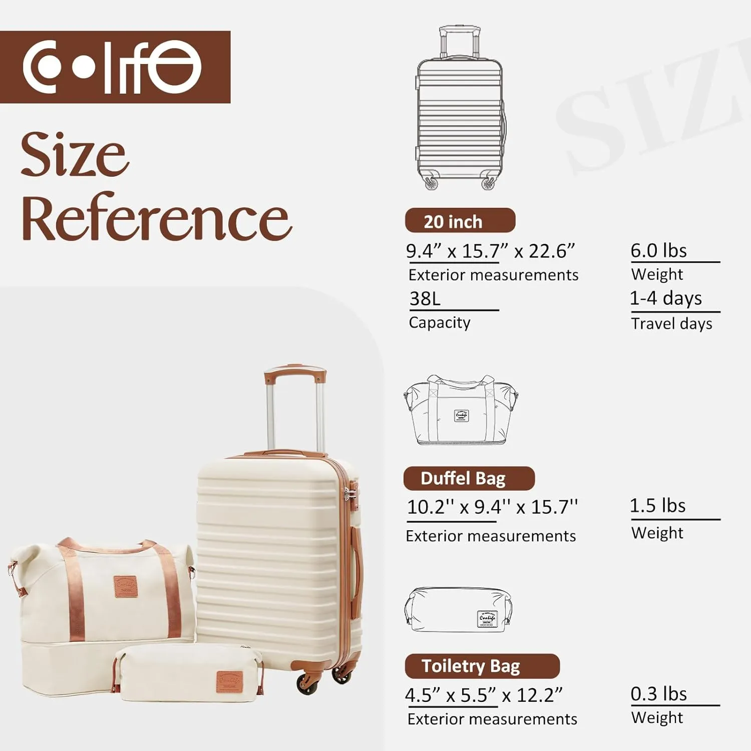 Coolife Suitcase Set 3 Piece Carry On Hardside Luggage with TSA Lock Spinner Wheels (White, S(20in))