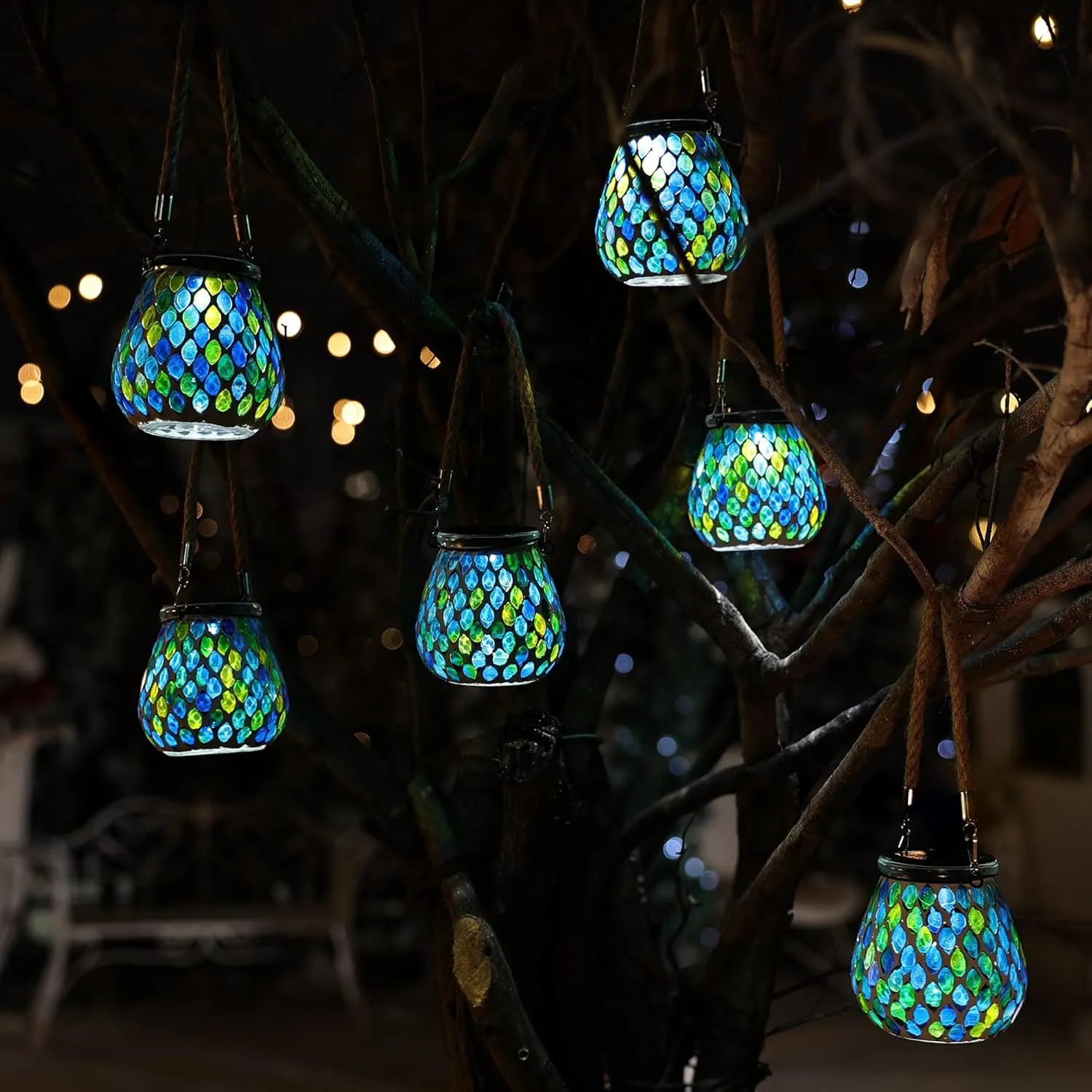 Cooo 2 Pack Mosaic Solar Lantern Outdoor Waterproof IP68 Hanging Projection Light Hidden Lid Pear-Shaped Lantern with Rope Handle Solar Powered Auto On for Patio Garden Fence Table - Azure Lattice
