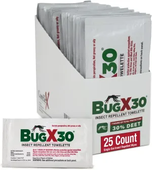 CoreTex Bug X 30 Mosquito, Tick, & Insect Repellent Wipes with 30% DEET - Pack of 25 Single-Use Bug Repellent Wipes for Up to 7 Hours of Reliable Protection Against 12 Types of Biting Insects