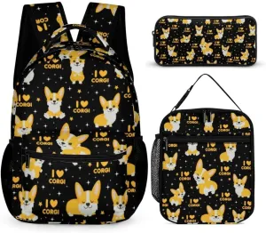 Corgi Dog Backpack with Lunch Box & Pencil Case for Kids Girls Boys School, 16 Inch Cute Corgi Dogs Bookbag, School Backpack for Students Children, Lightweight, Large Capacity
