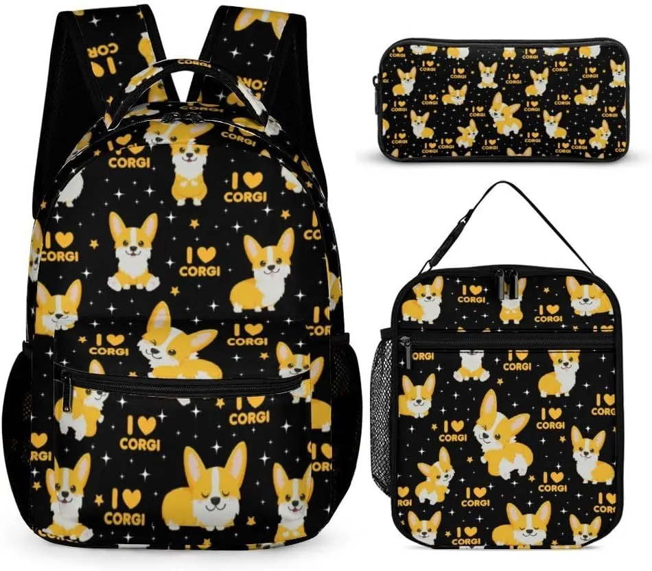 Corgi Dog Backpack with Lunch Box & Pencil Case for Kids Girls Boys School, 16 Inch Cute Corgi Dogs Bookbag, School Backpack for Students Children, Lightweight, Large Capacity