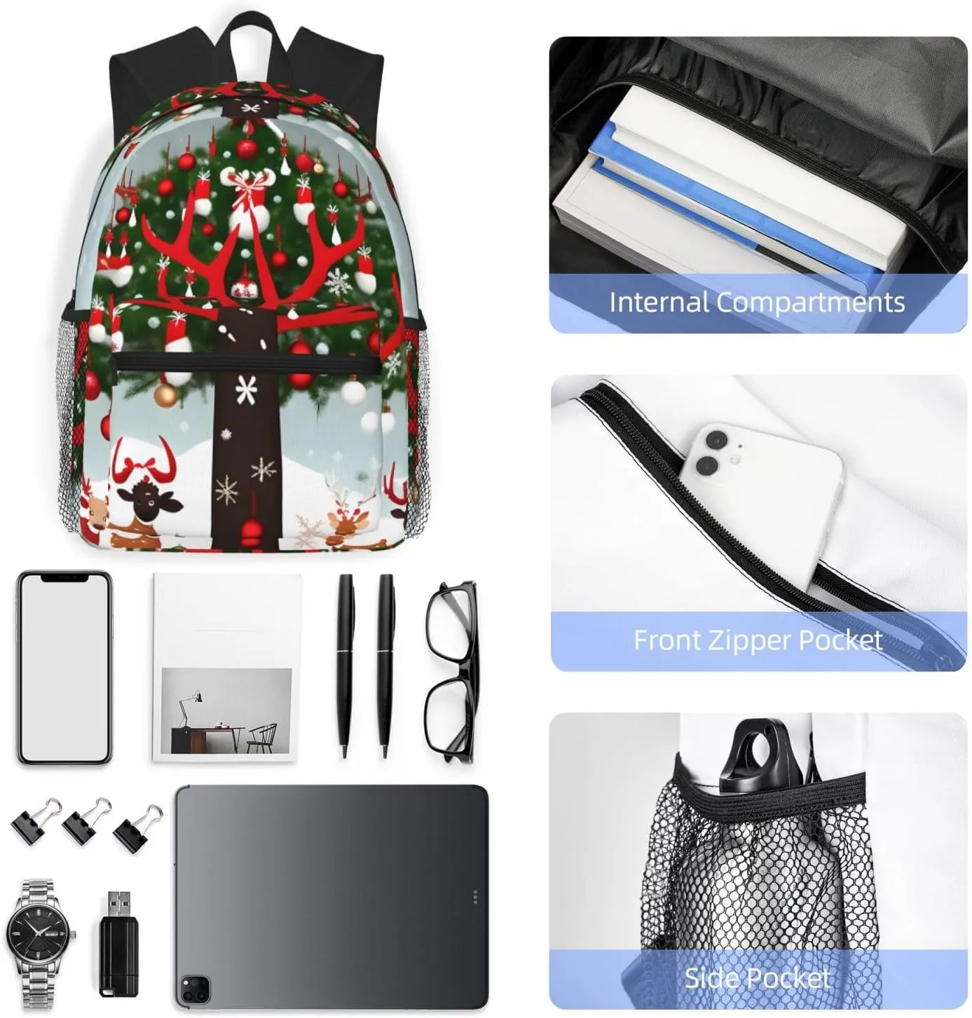 Cow Deer Trees Christmas Print Comfortable Backpack,Your Essential Casual Travel Bag For Outdoor Adventures