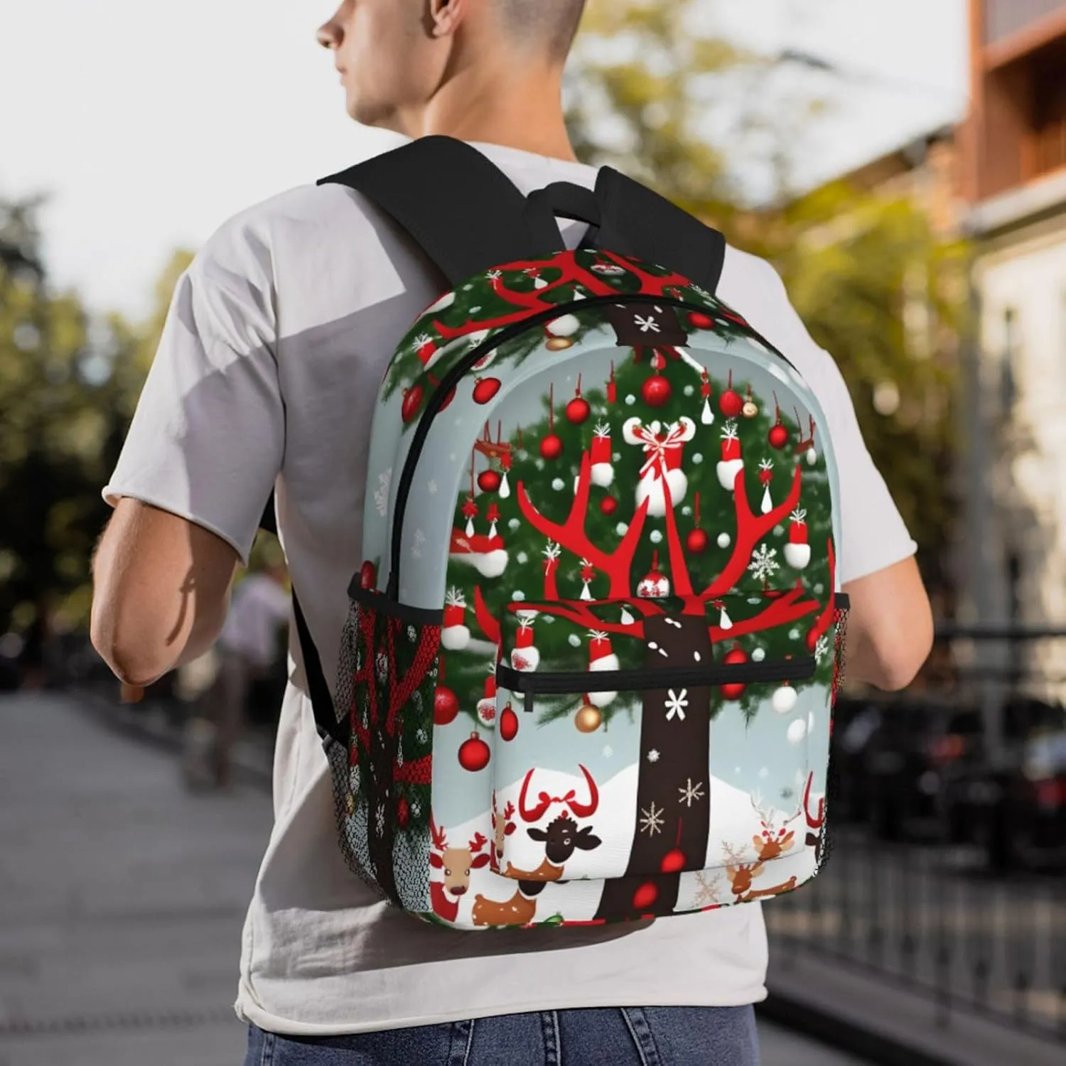 Cow Deer Trees Christmas Print Comfortable Backpack,Your Essential Casual Travel Bag For Outdoor Adventures