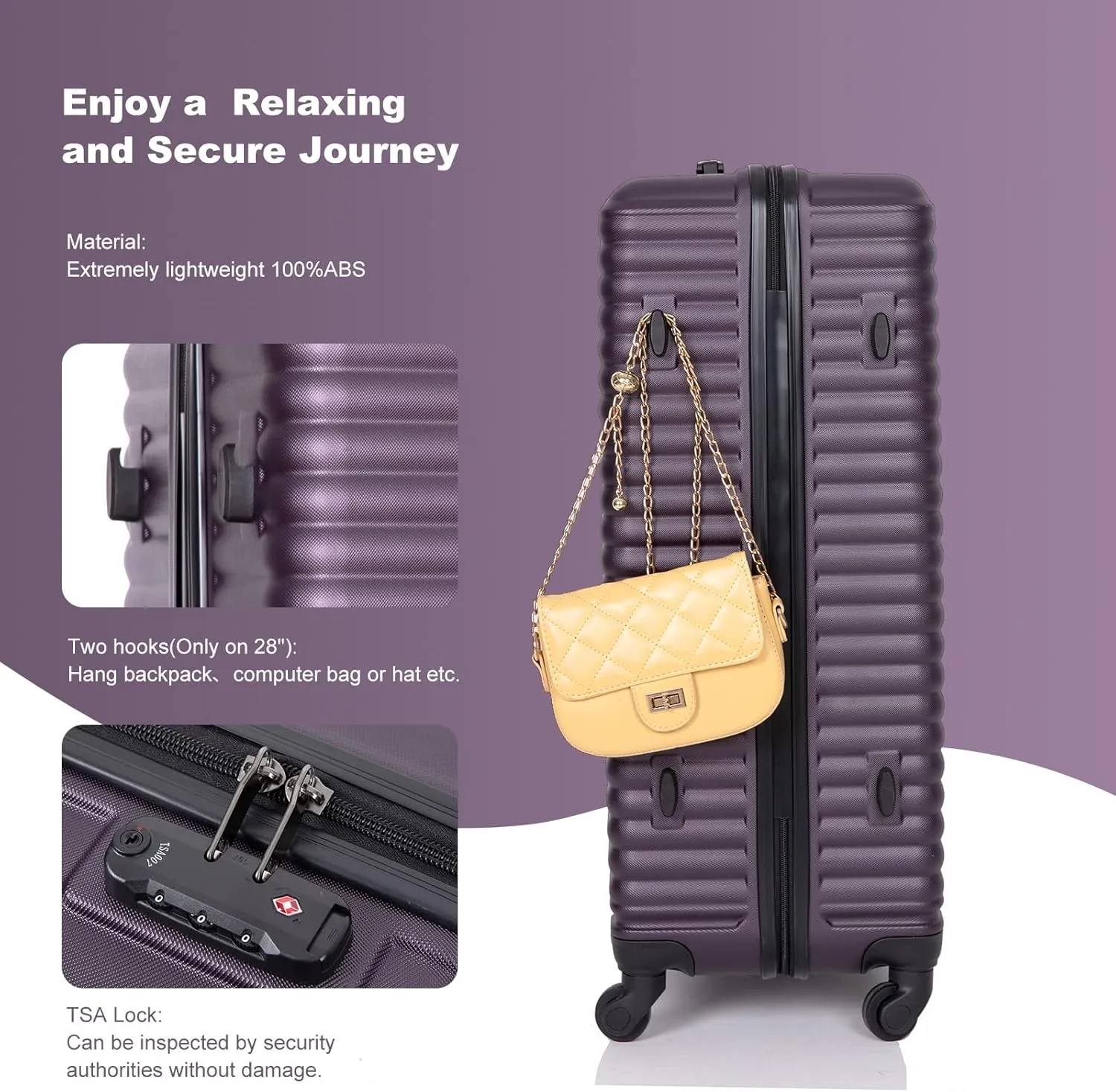 CuisinSmart 3 Piece Hardshell Luggage Sets Lightweight Suitcase With 2 Hooks, 360 Degree Spinner Wheels, TSA Lock For Travel (20"/24"/28") Purple As shown
