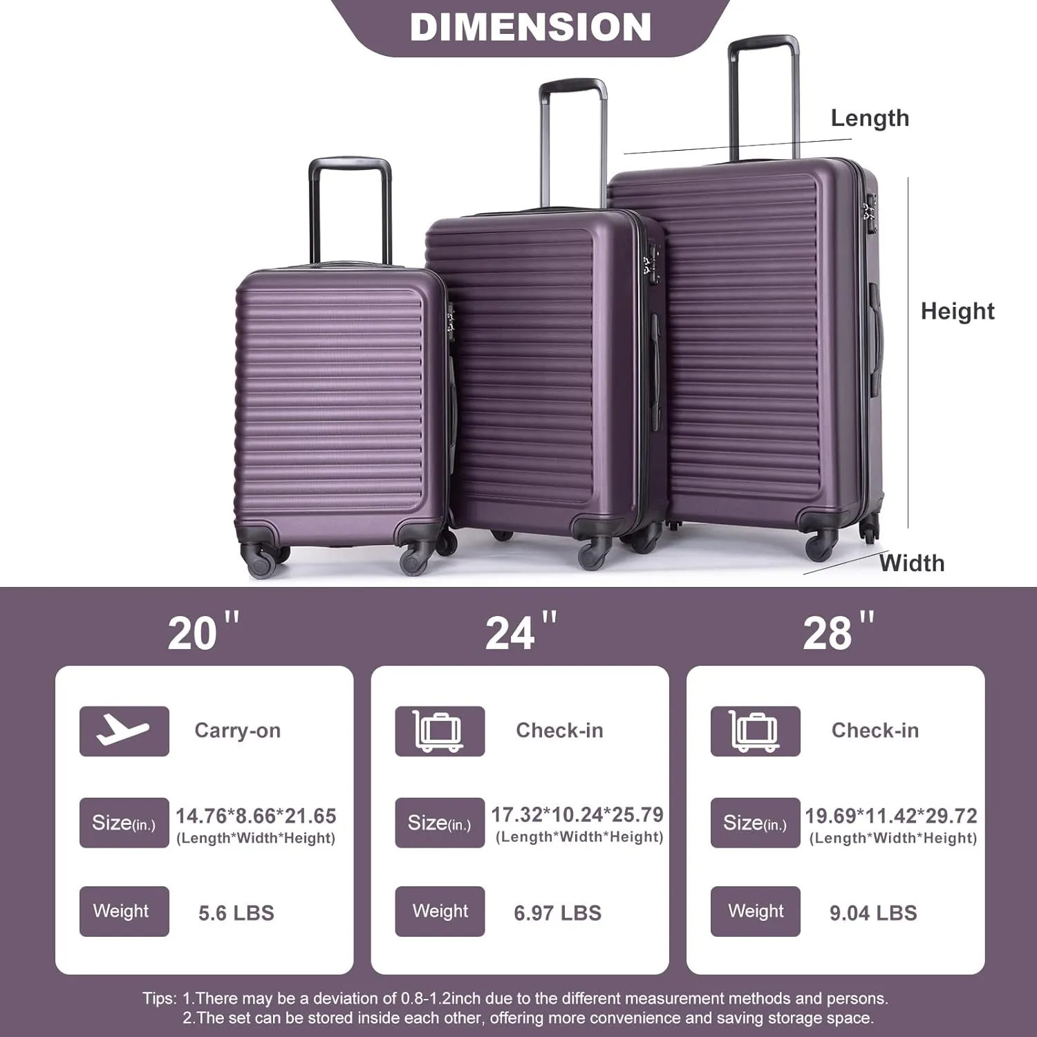 CuisinSmart 3 Piece Hardshell Luggage Sets Lightweight Suitcase With 2 Hooks, 360 Degree Spinner Wheels, TSA Lock For Travel (20"/24"/28") Purple As shown