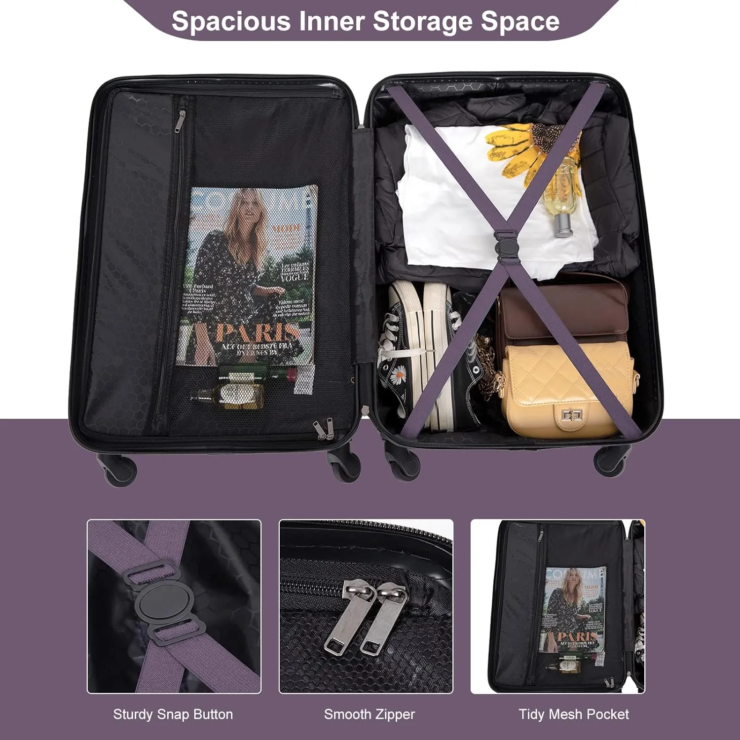 CuisinSmart 3 Piece Hardshell Luggage Sets Lightweight Suitcase With 2 Hooks, 360 Degree Spinner Wheels, TSA Lock For Travel (20"/24"/28") Purple As shown