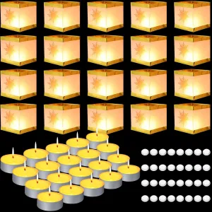 Cunno 72 Pcs Square Water Lanterns Set Wooden Paper Lanterns Sun Pattern Chinese Wishing Lights with Tea Candles and Adhesive Pads for Praying Pool Blessing Wedding