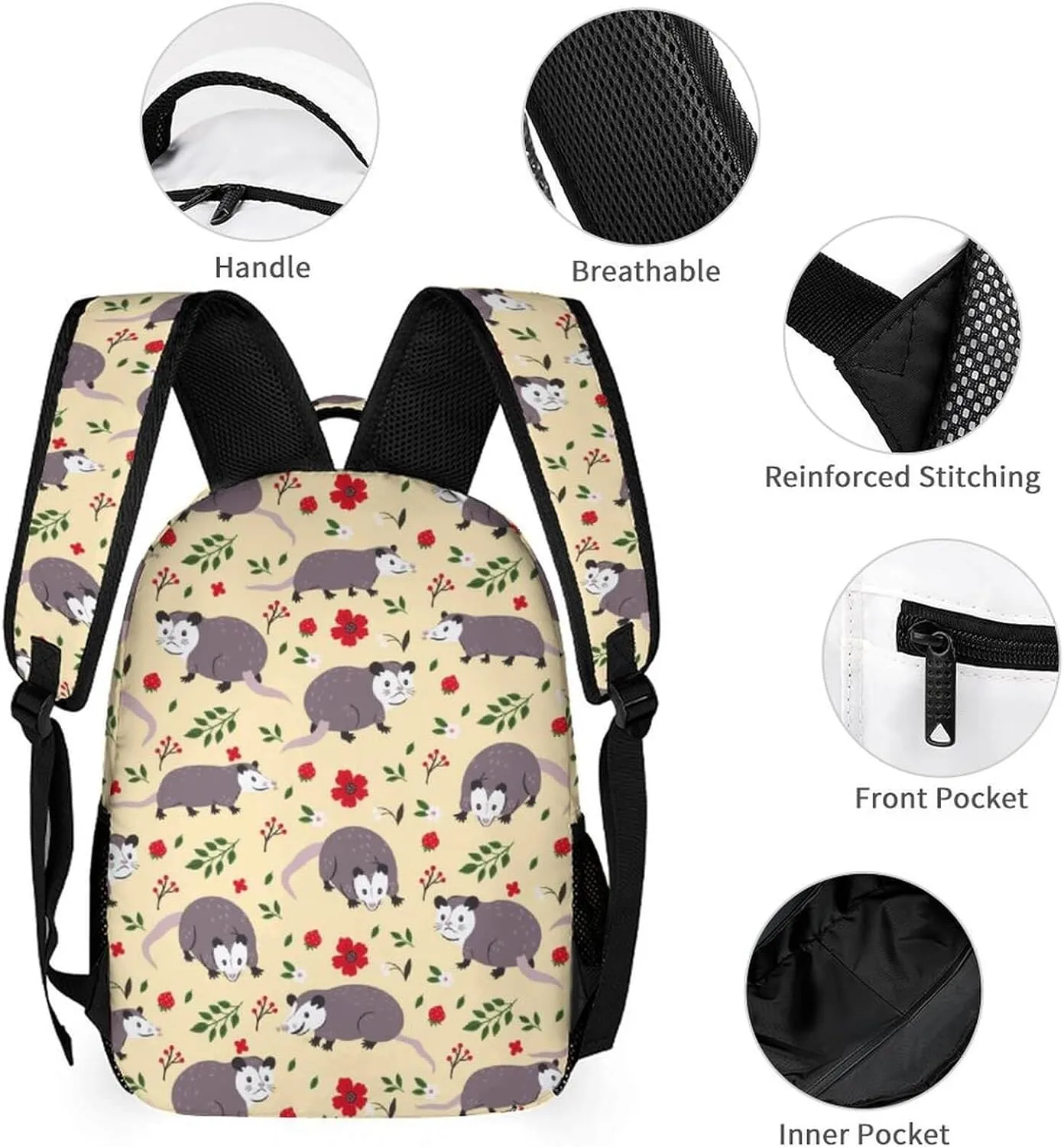 Custom Opossum Backpack with Lunch Box & Pencil Case for Kids Girls Boys School, 16 Inch Cute Opossums Bookbag, School Backpack for Students Children, Lightweight, Large Capacity