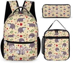 Custom Opossum Backpack with Lunch Box & Pencil Case for Kids Girls Boys School, 16 Inch Cute Opossums Bookbag, School Backpack for Students Children, Lightweight, Large Capacity