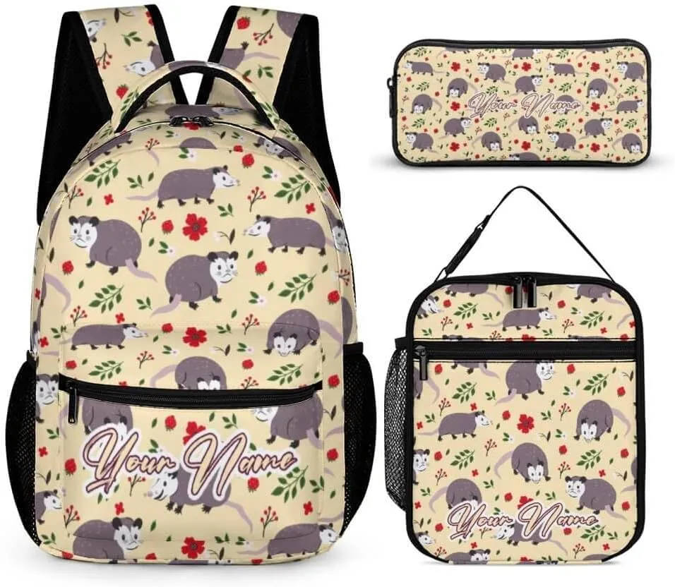 Custom Opossum Backpack with Lunch Box & Pencil Case for Kids Girls Boys School, 16 Inch Cute Opossums Bookbag, School Backpack for Students Children, Lightweight, Large Capacity