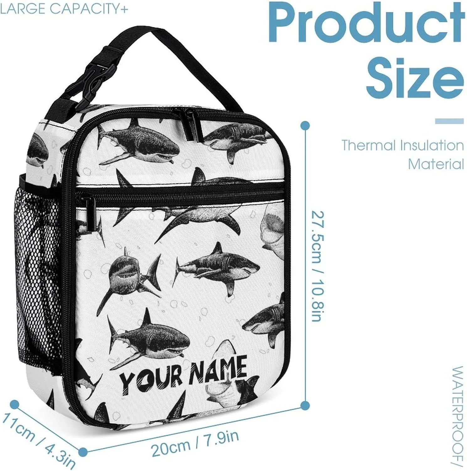 Custom Shark Backpack with Lunch Box & Pencil Case for Kids Girls Boys School, 16 Inch Cute Sharks Bookbag, School Backpack for Students Children, Lightweight, Large Capacity