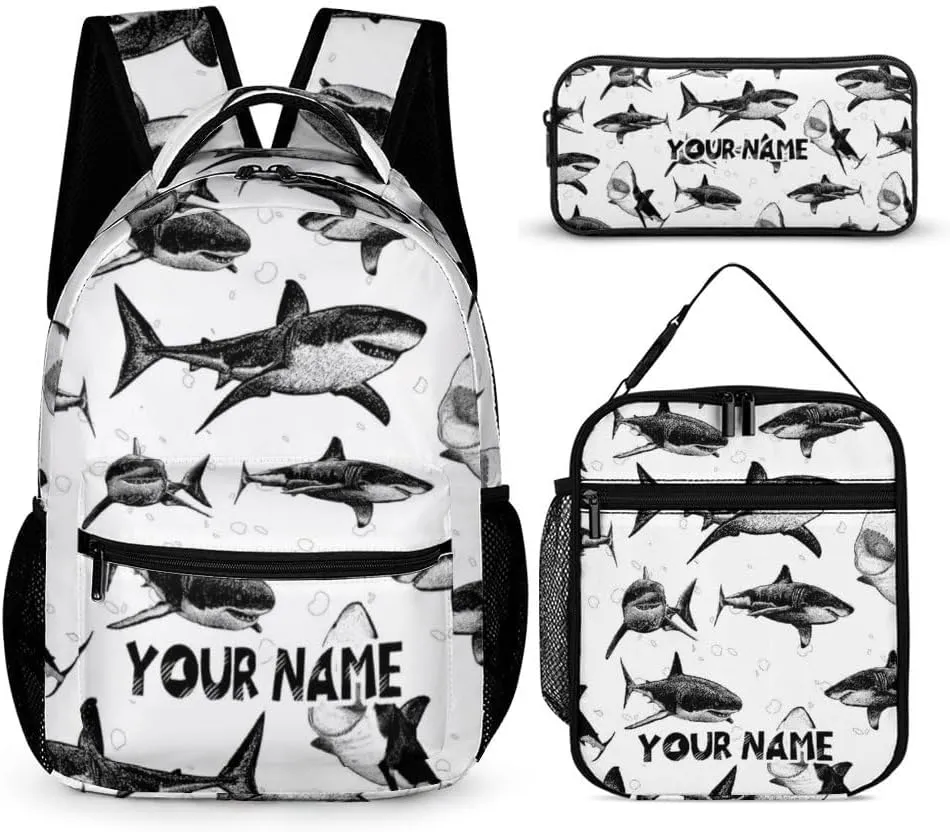 Custom Shark Backpack with Lunch Box & Pencil Case for Kids Girls Boys School, 16 Inch Cute Sharks Bookbag, School Backpack for Students Children, Lightweight, Large Capacity