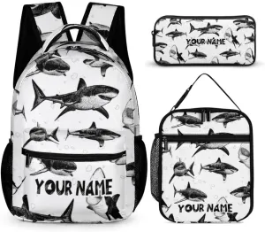 Custom Shark Backpack with Lunch Box & Pencil Case for Kids Girls Boys School, 16 Inch Cute Sharks Bookbag, School Backpack for Students Children, Lightweight, Large Capacity