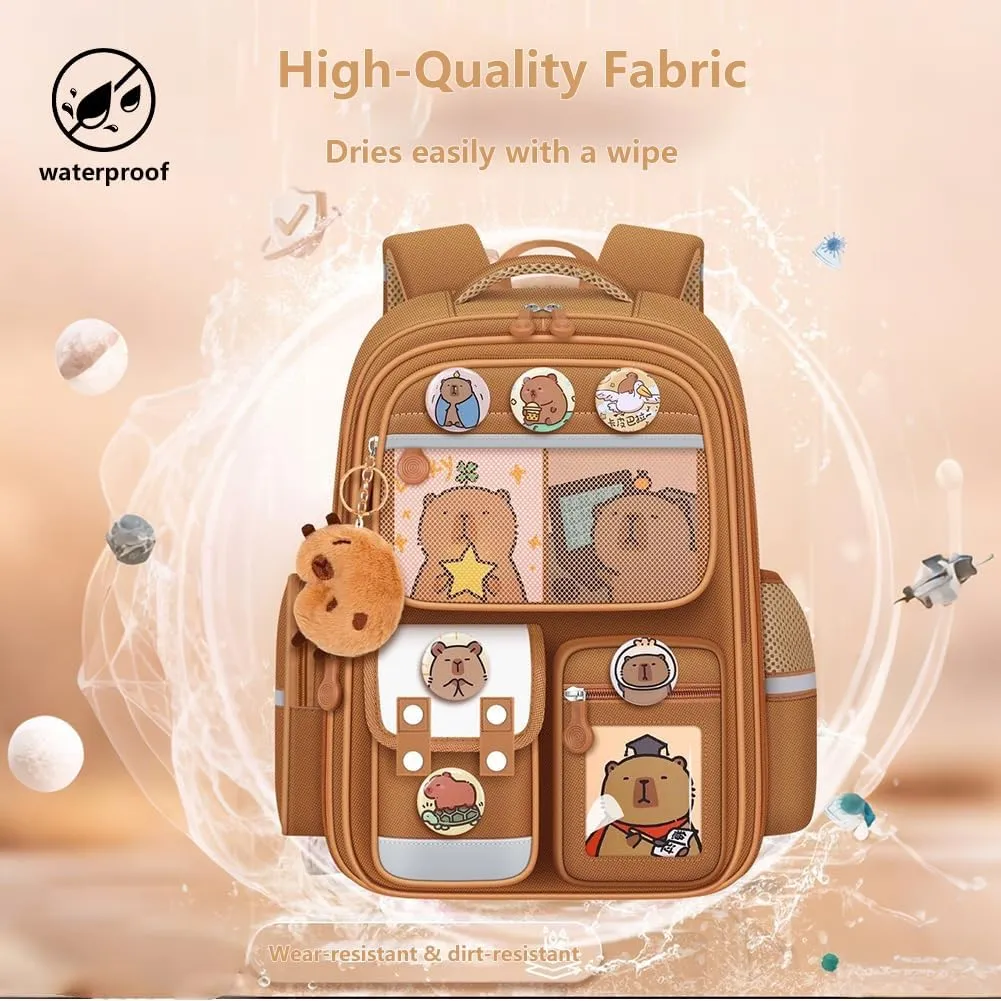 Cute Capybara Backpack with Chic Case, Cartoon Large Capacity Backpack, Durable Casual Bag, Suitable for Junior High Students (Brown, Small)