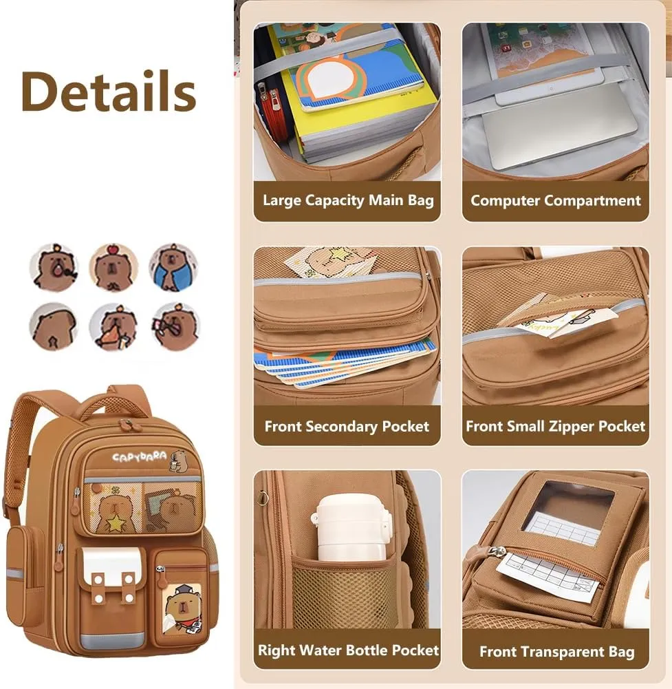 Cute Capybara Backpack with Chic Case, Cartoon Large Capacity Backpack, Durable Casual Bag, Suitable for Junior High Students (Brown, Small)