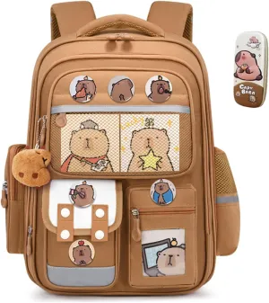 Cute Capybara Backpack with Chic Case, Cartoon Large Capacity Backpack, Durable Casual Bag, Suitable for Junior High Students (Brown, Small)